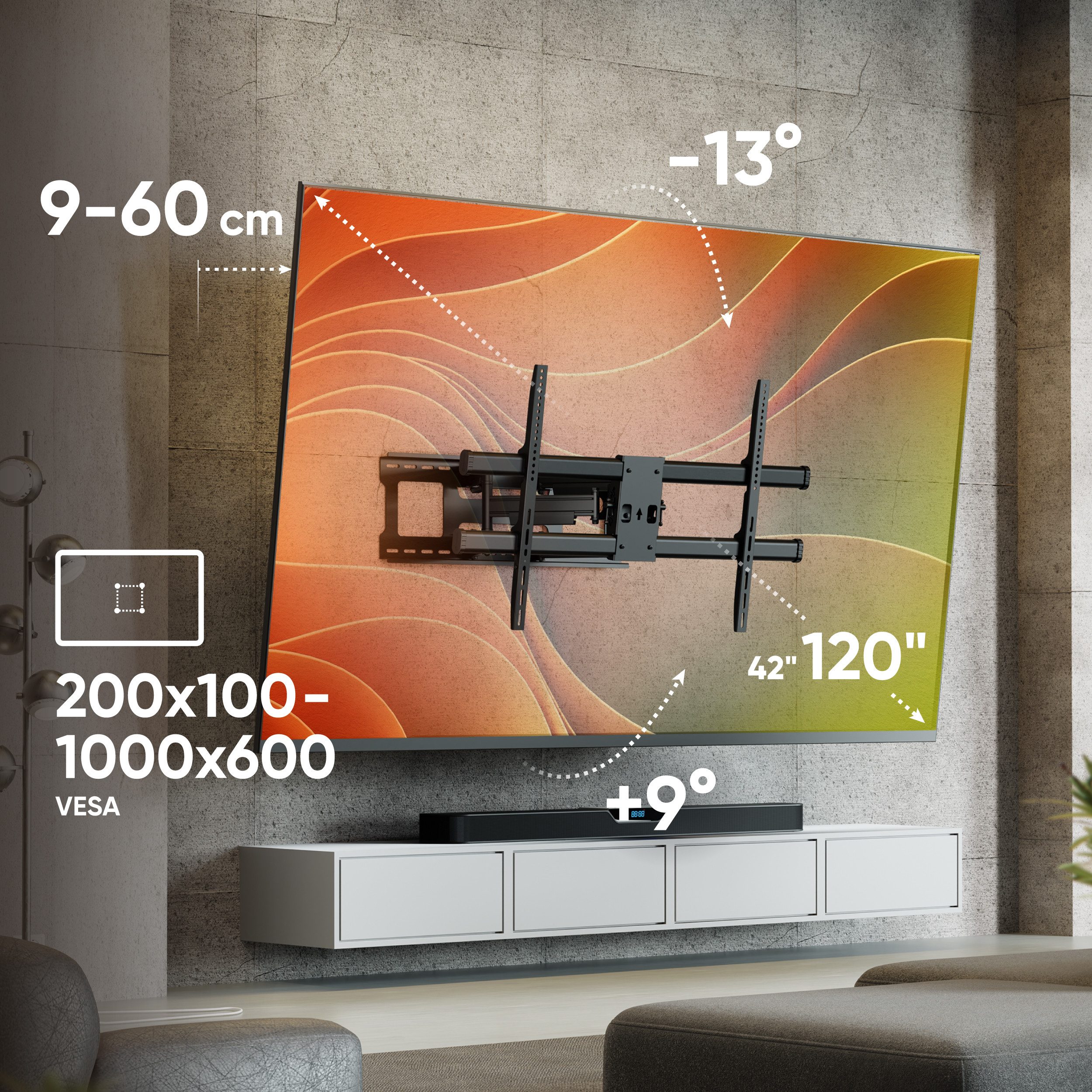 ONKRON TV-Wandhalterung 42-120 Zoll, bis 100 kg, VESA 200x100-1000x600, M10-B, (bis 120 Zoll, groß, schwenkbar, neigbar, ausziehbar, Doppelarm)