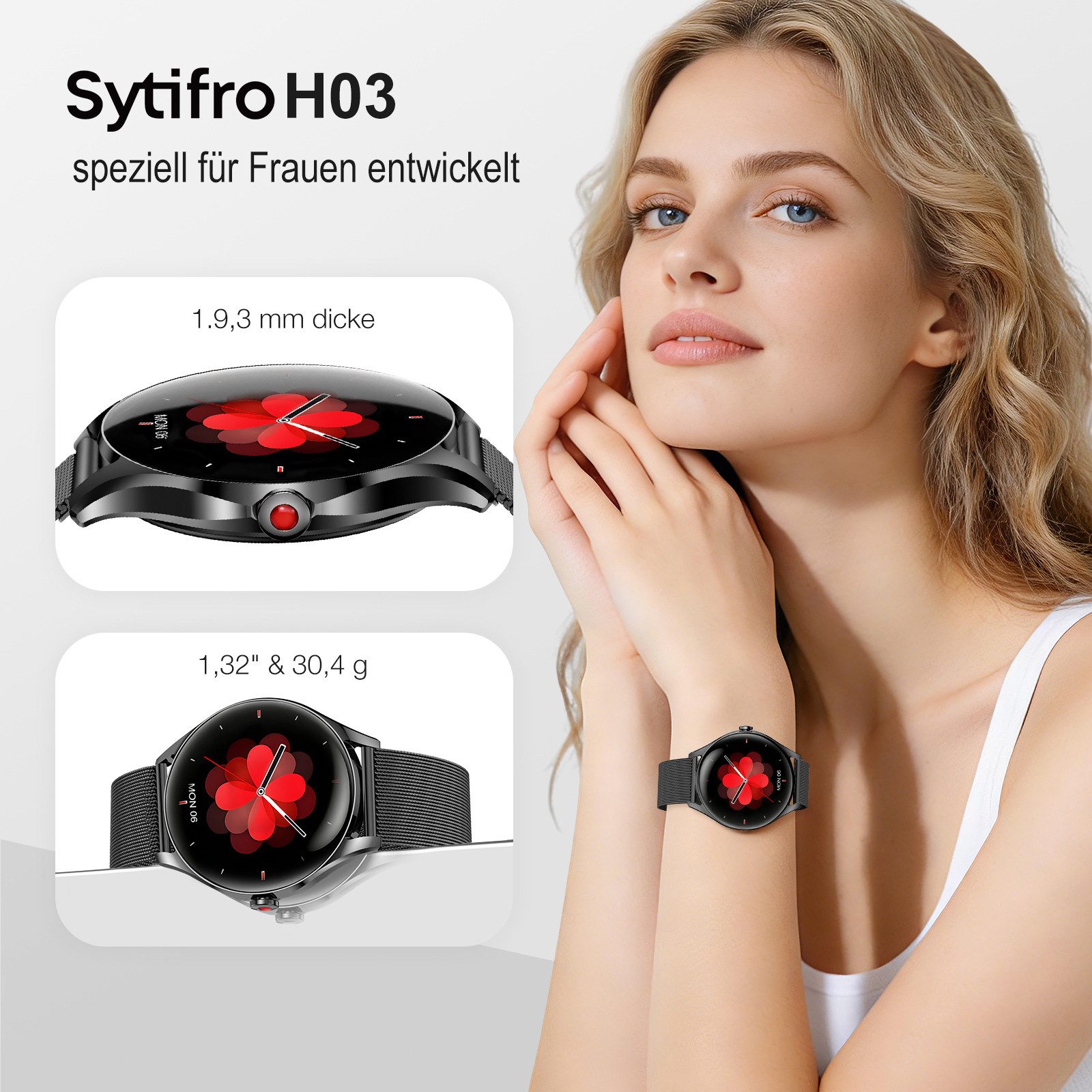 Sytifro Smartwatch Damen, 3D-Kugelglas, AMOLED Always-On, 300 mAh (7 Tage) Smartwatch (1.32" cm) Zwei Armbänder, Ultra High Quality Exquisite Damenuhr. Bluetooth 5.3 Sport uhr, IP67 wasserdicht Fitness Tracker Damen. Gesundheits Uhr mit Schrittzähler, Herzfrequenz und Bluts, verfügbar für Android 4.4+ / iOS 10.0+