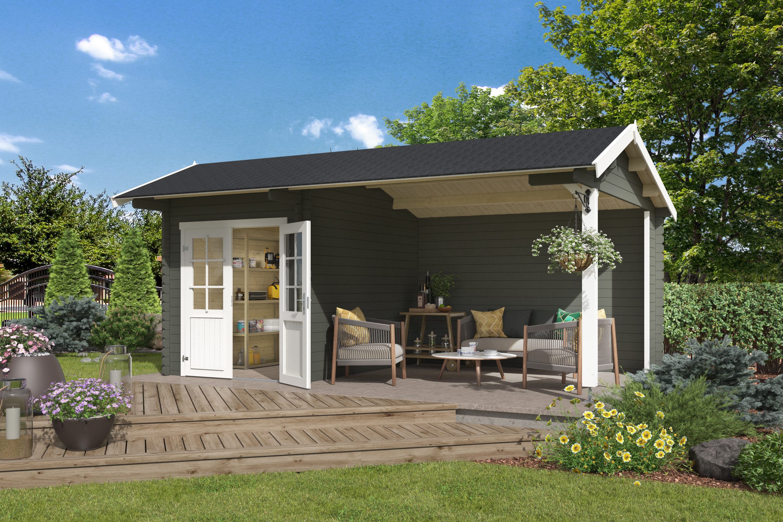 Nordic Holz Gartenhaus Kenzo, BxT: 580x389,3 cm, (Anbau inkl. Rückwand)
