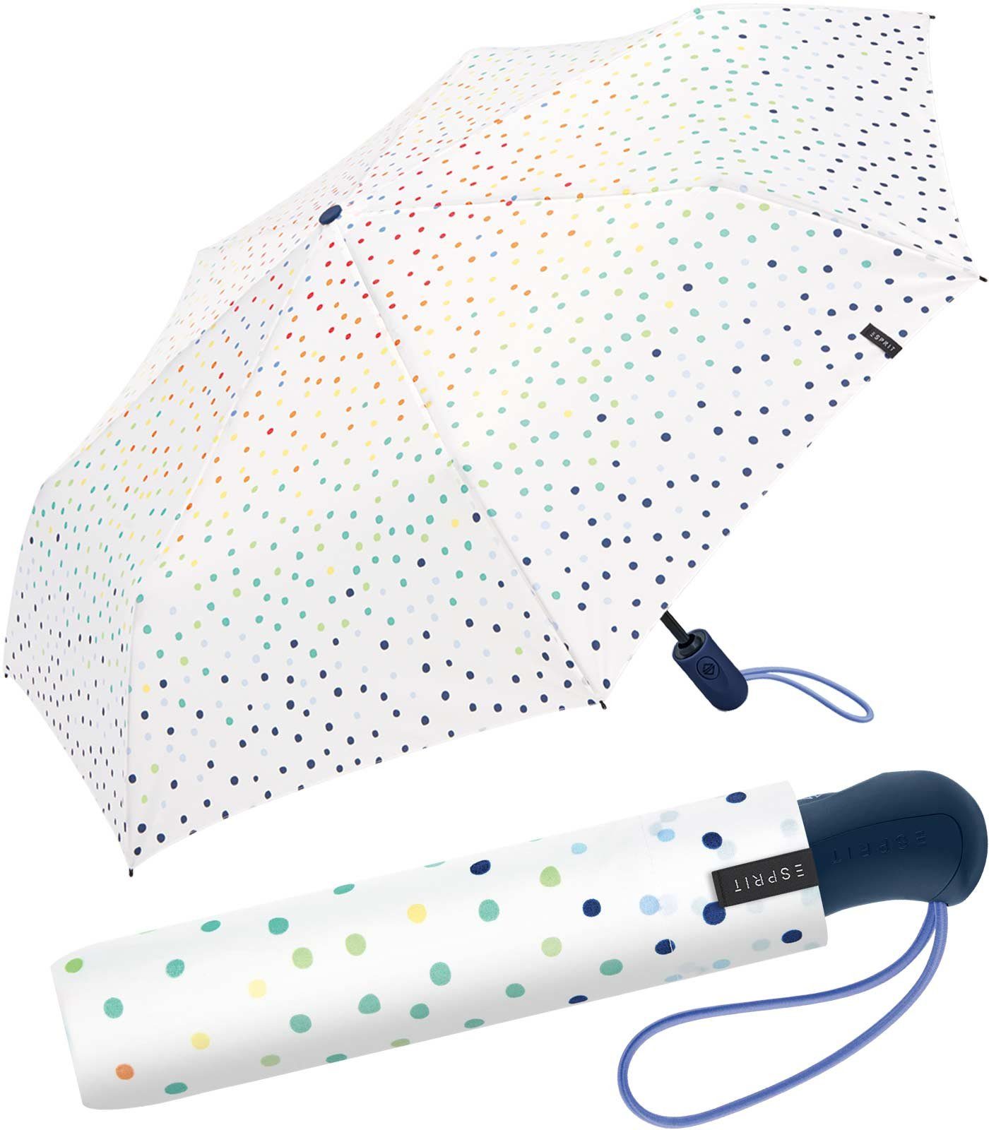 Esprit Langregenschirm Damen-Taschenschirm klein und stabil mit Automatik, farbenfroh bedruckt mit kleinen Punkten