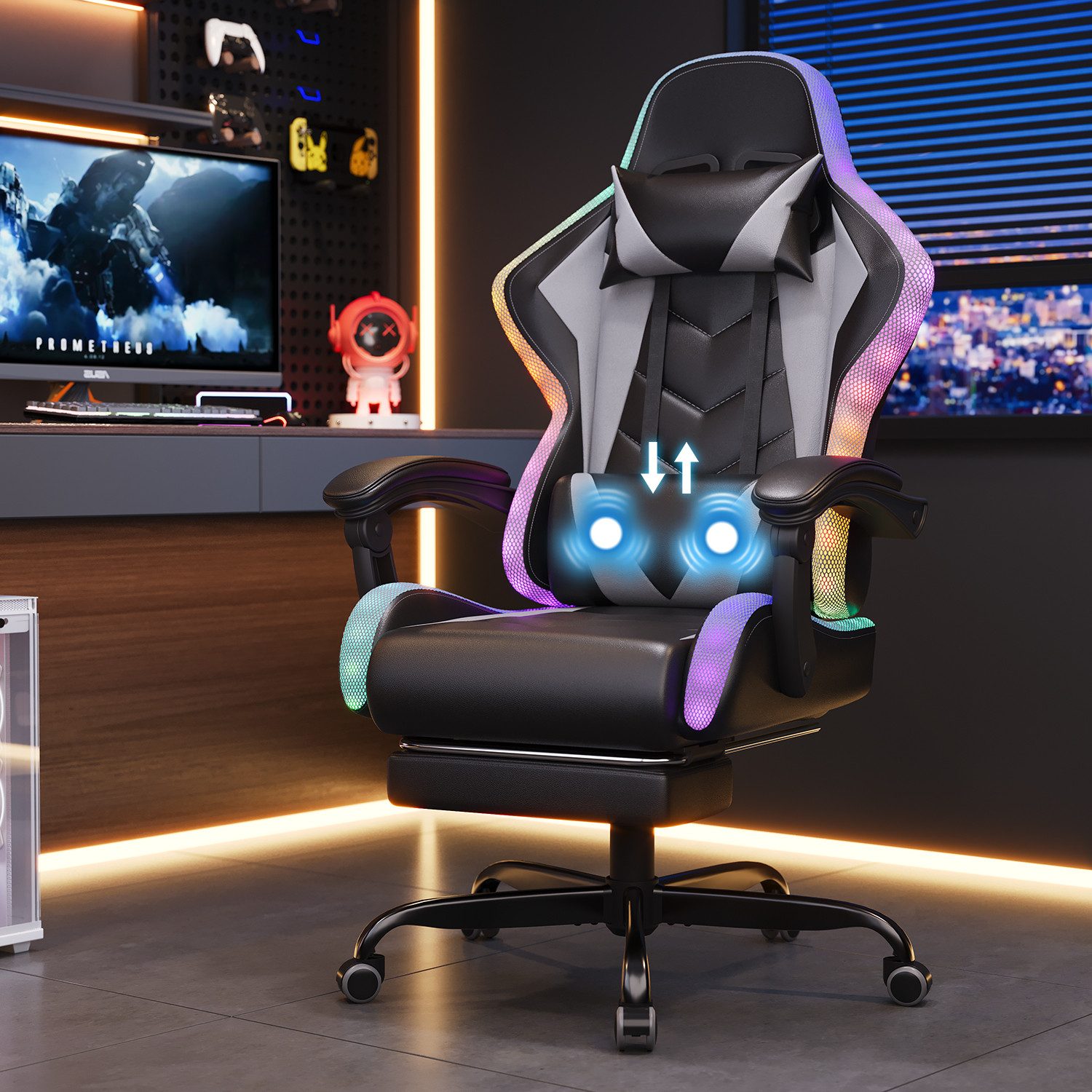 HOMALL Gaming-Stuhl mit LED,Ergonomisch,Fußstütze,computerstuhl,gaming stuhl mit massage (Die LED-Beleuchtung ist einstellbar, das Massagekissen für den Rücken ist beweglich), Ergonomischer Bürostuhl,Kopfstütze und Lendenstütze