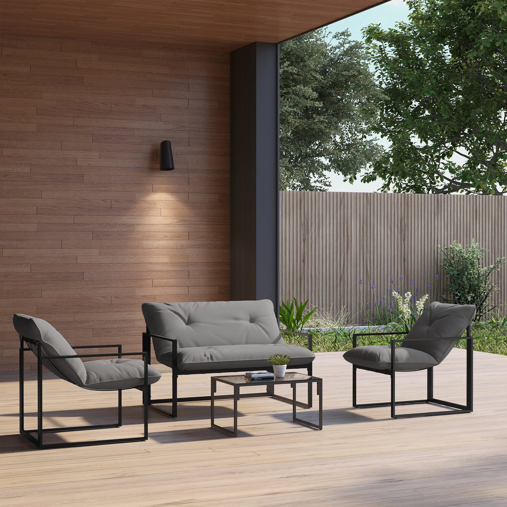 Outsunny Sitzgruppe Gartenmöbel-Set, 1 Glastisch, 2 Sessel, 1 Sofa, wetterbeständig, (Dining Set, 4-tlg., Gartenmöbel-Set), mit Auflagen