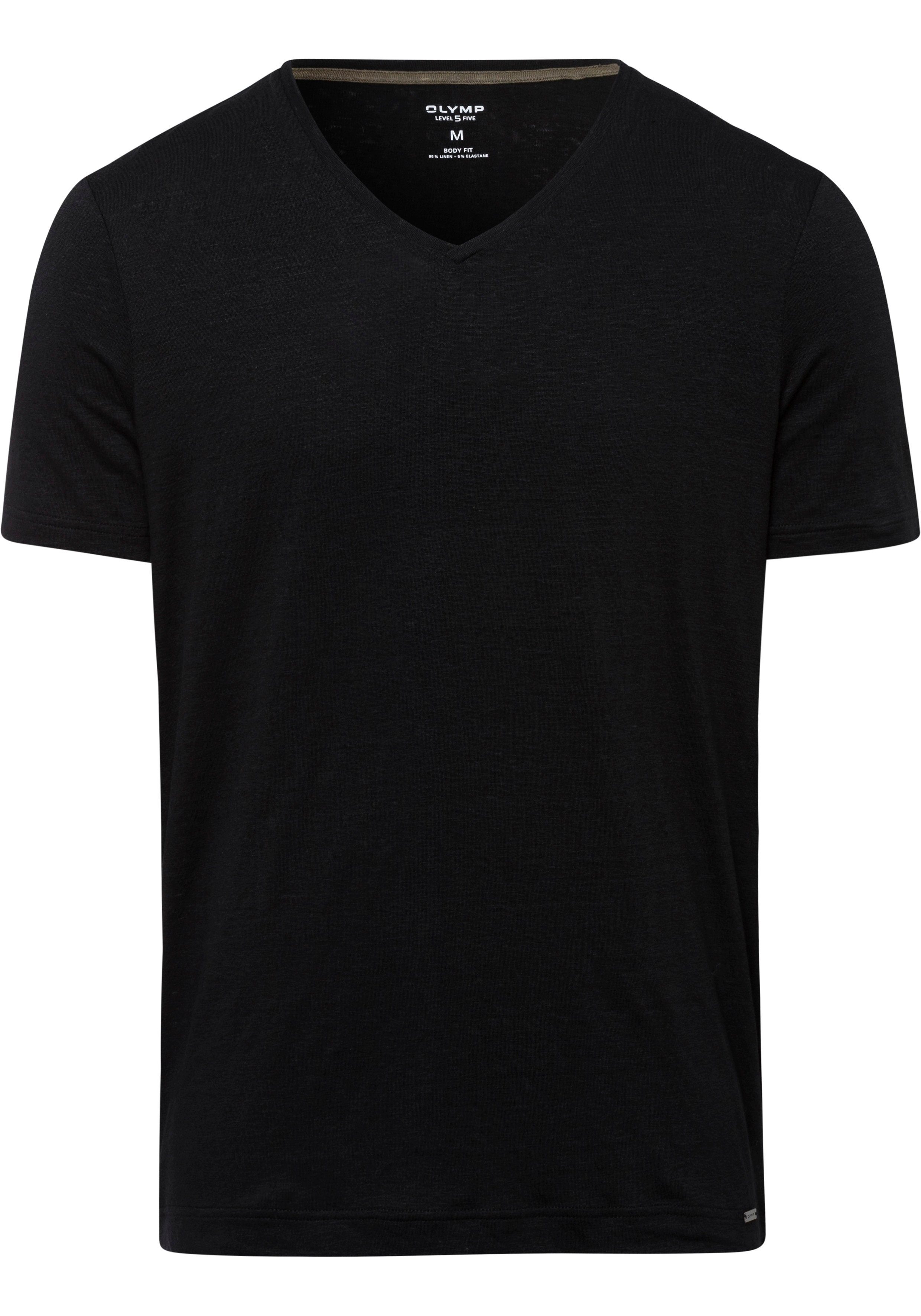 fit hohem schwarz T-Shirt Level Five Leinenanteil mit body OLYMP