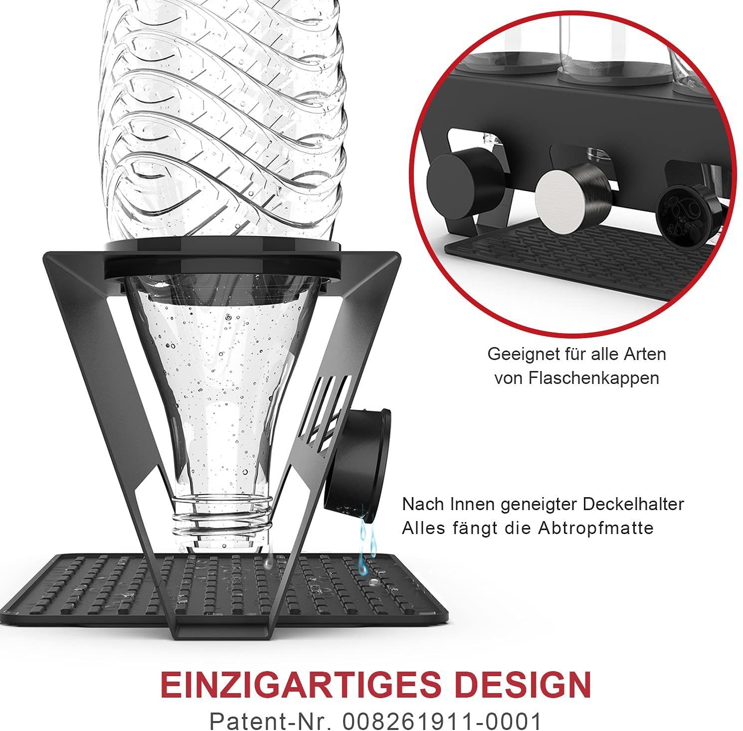 Rainsworth Flaschenhalter, (3er Edelstahl Abtropfhalter, Abtropfständer Abtropfgestell inkl), Silikonschutzringe, Abtropfmatte und Deckelhalter