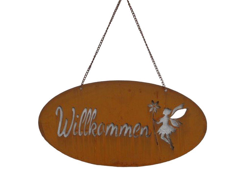 Metallschild Eisenschild Hängeschild Willkommen mit Fee 38 cm Echtrost an Kette