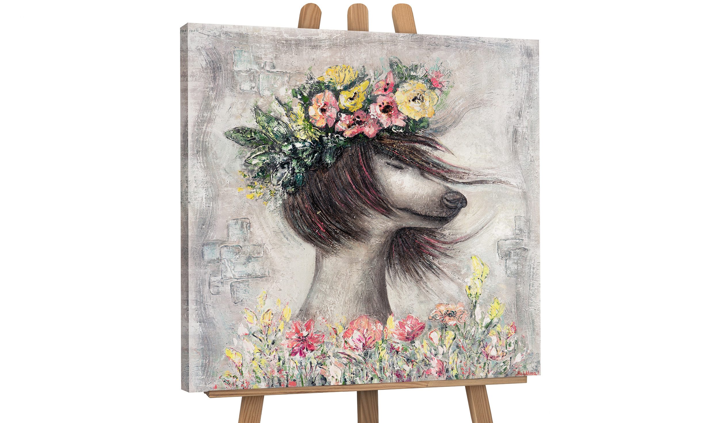 YS-Art Gemälde Leichtigkeit, Tierbilder, Collie Leinwand Bild Handgemalt Vintage Blumen Bunt