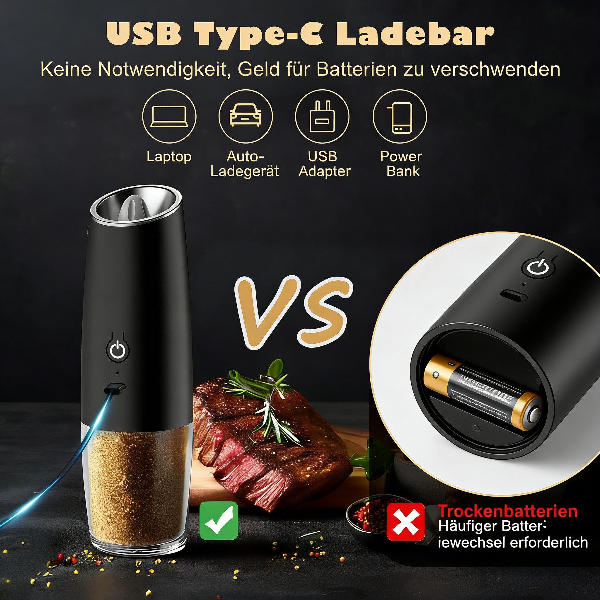 AIBISTAR Salz-/Pfeffermühle Elektrische Salz und Pfeffermühle 2er Set, USB Gewürzmühle Einstellbar Batterie, Einhandbedienung durch Schwerkraft, hochwertiger Ke – Bild 4 von 5
