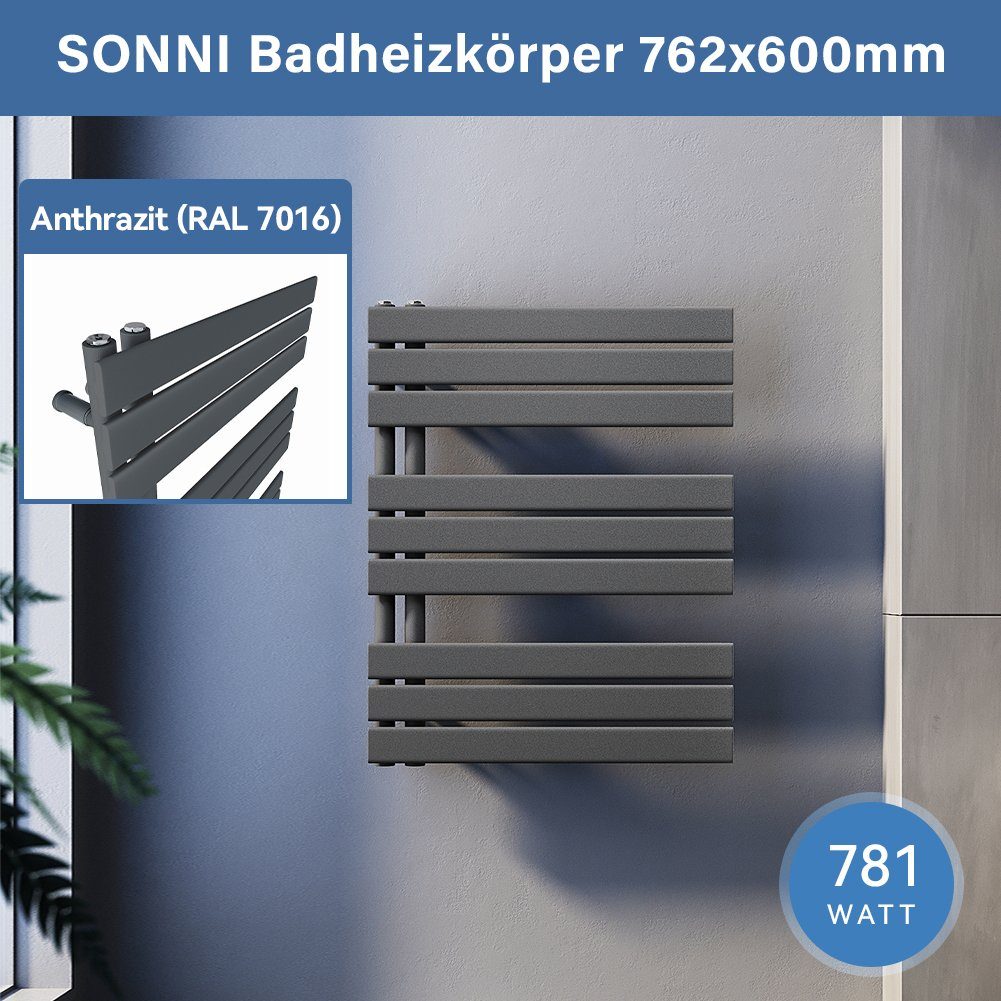 SONNI Designheizkörper Design Badheizkörper Weiß Handtuchtrockner Flach, Paneelheizkörper Design Mittelanschluss seitlich