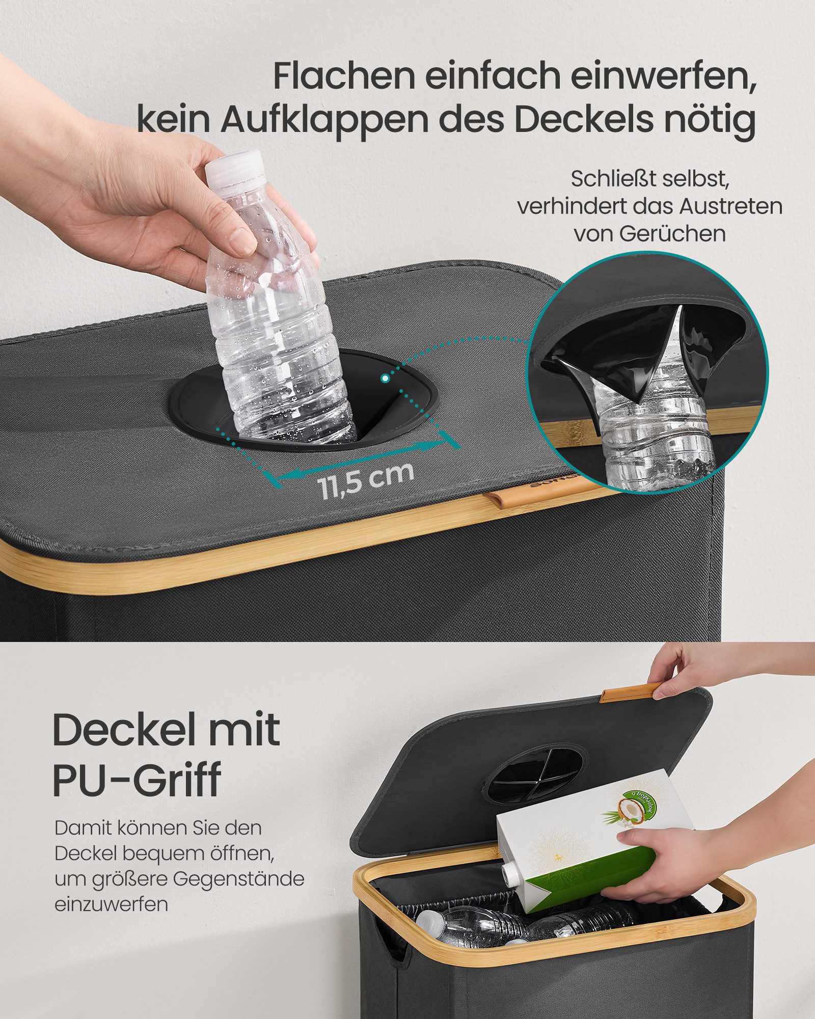 SONGMICS Flaschenkorb Pfandflaschen-Sammelbehälter, Flaschensammler Leergut, Küche, 95 L Pfandflaschen-Behälter, mit Loch, Deckel, Innensack mit Griffen – Bild 5 von 5