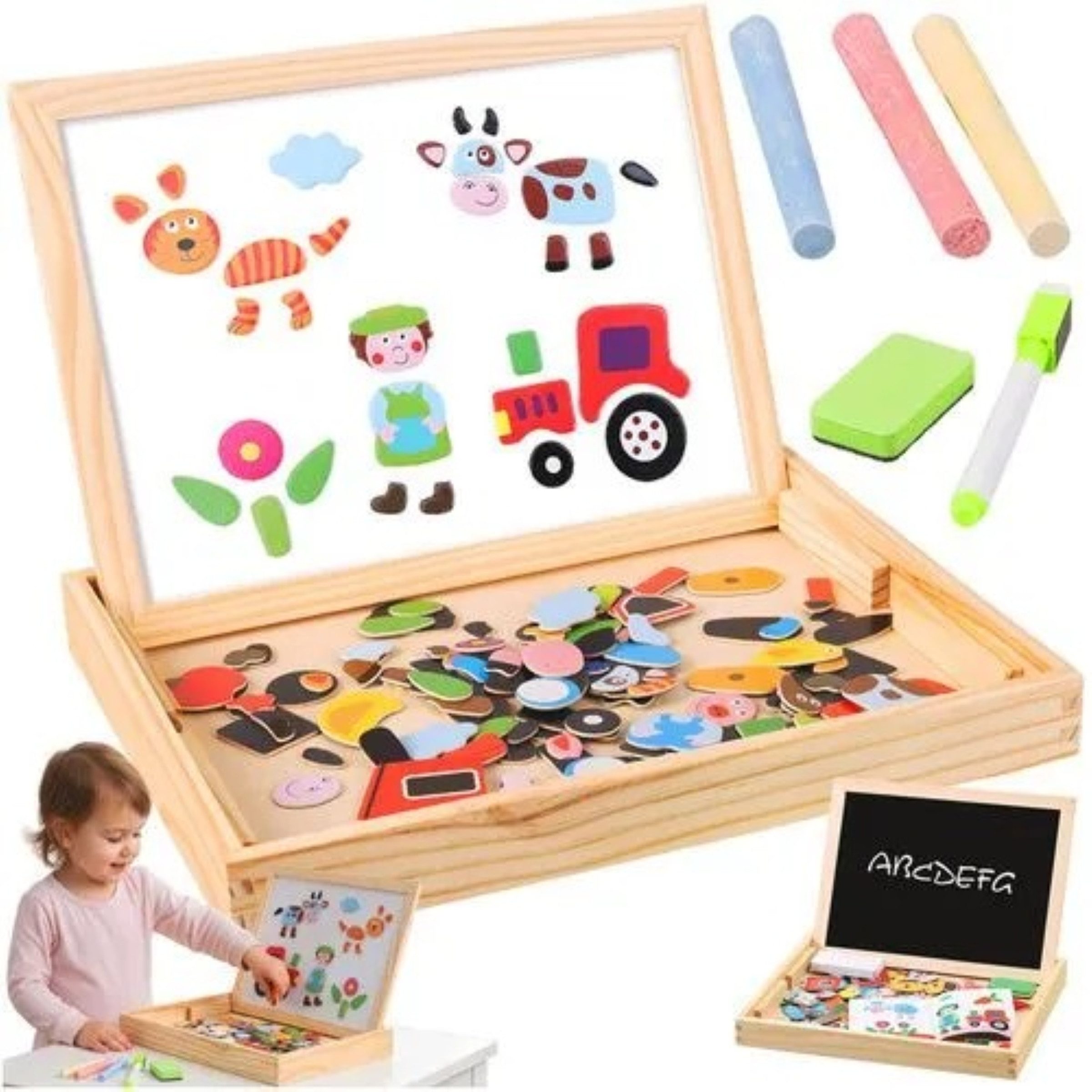 KRUZZEL Magnettafel Magnettafel Kinder doppelseitig Holz Lernbrett 108 Teile Kreidetafel, (Kinder Magnettafel mit Zubehör, 108-tlg., Magnettafel Set mit 108 Magneten Kreide Marker und Holzbox), doppelseitig magnetisch Holzbox 108 Teile Kreidetafel Whitebo