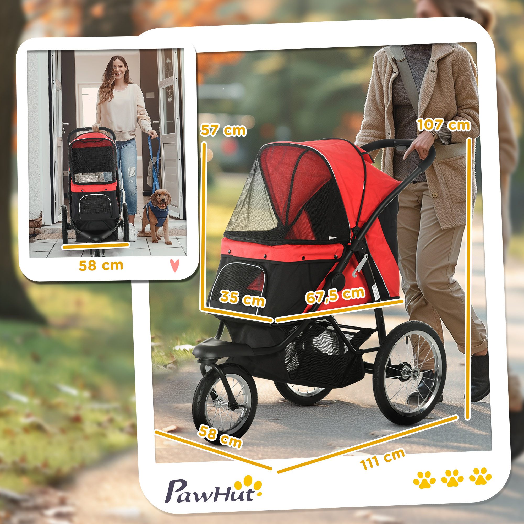 PawHut Hundebuggy Katzenwagen mit geländegängige Gummiräder Kissen Buggy, (Hundewagen, 1-tlg), für Hunde & Katzen bis 20 kg, Rot – Bild 3 von 5