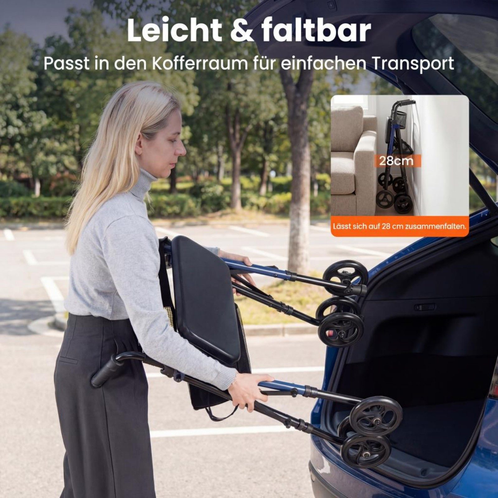 COSTWAY Rollator, Faltbar & Leicht mit Sitz, Tasche & Rückenlehne aus Netz
