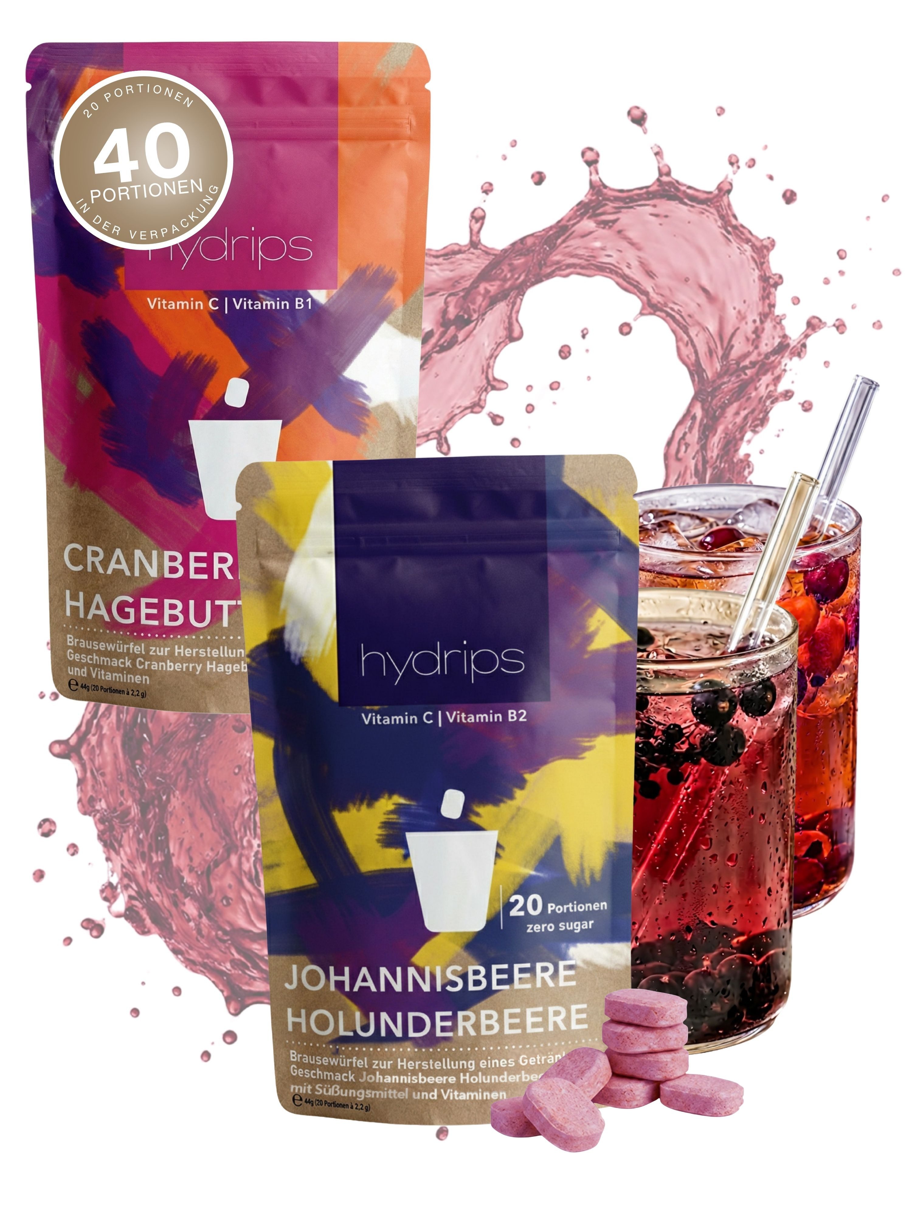 hydrips Getränkewürfel hydrips DRINK 2er Set, 40er, (Bundle), Vegan, Glutenfrei, Zuckerfrei