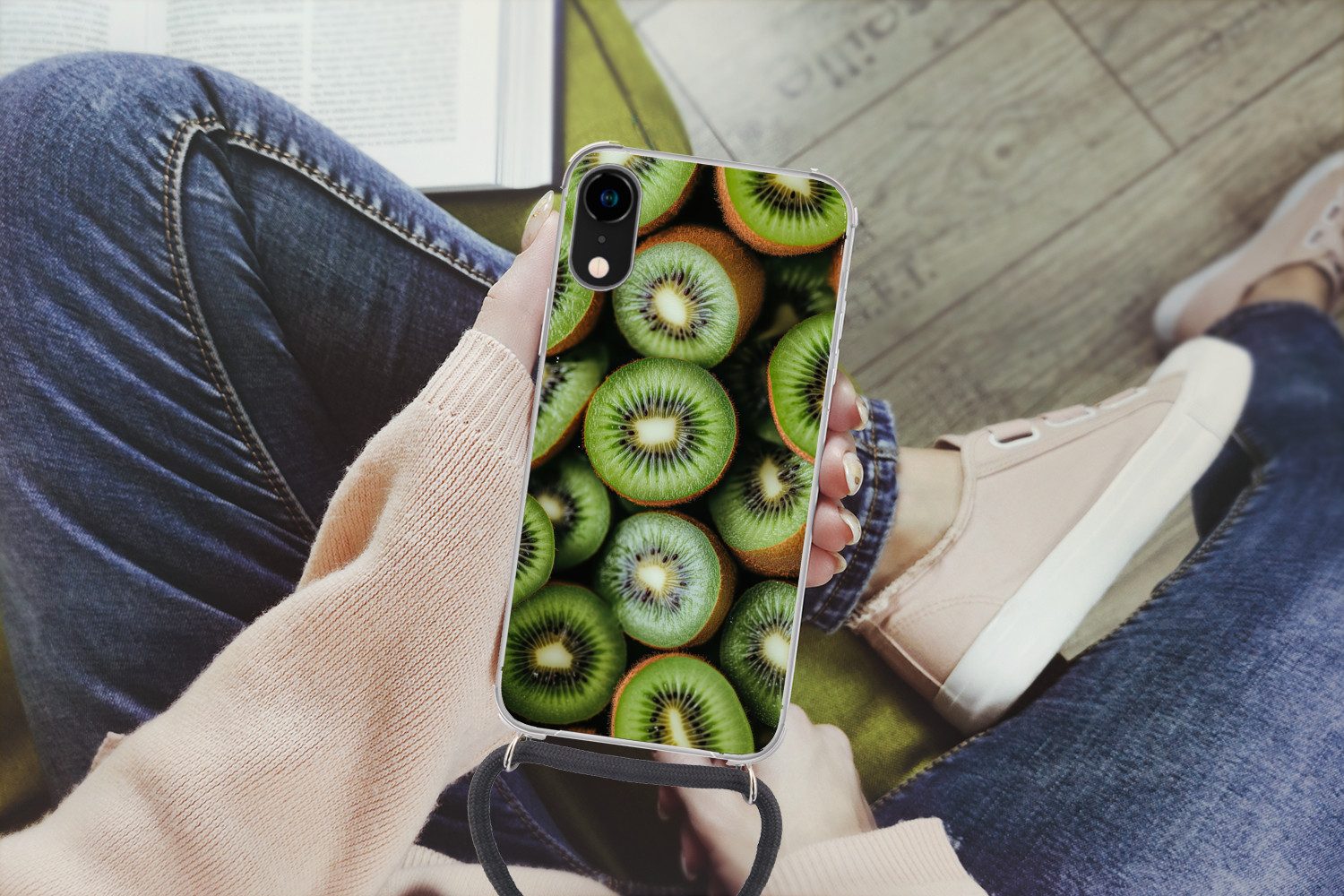 MuchoWow Handyhülle für Apple iPhone XR Kiwi - Obst - Grün, Tragbare Handyhüllen mit Kette zum umhängen, Handykette Handyband