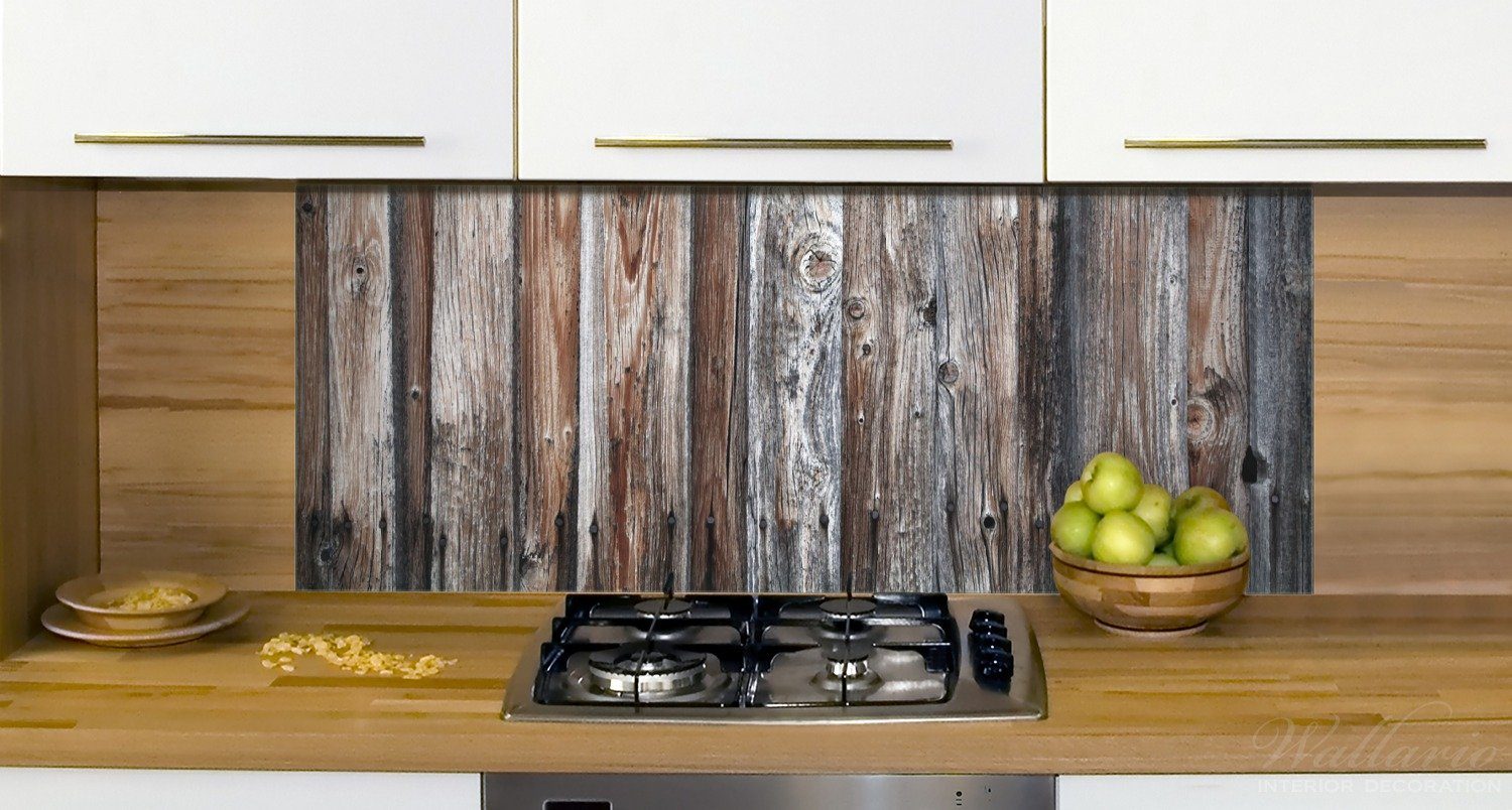 Wallario Küchenrückwand Alte Holzwand - grau (1-tlg) braun, in und Holzplanken