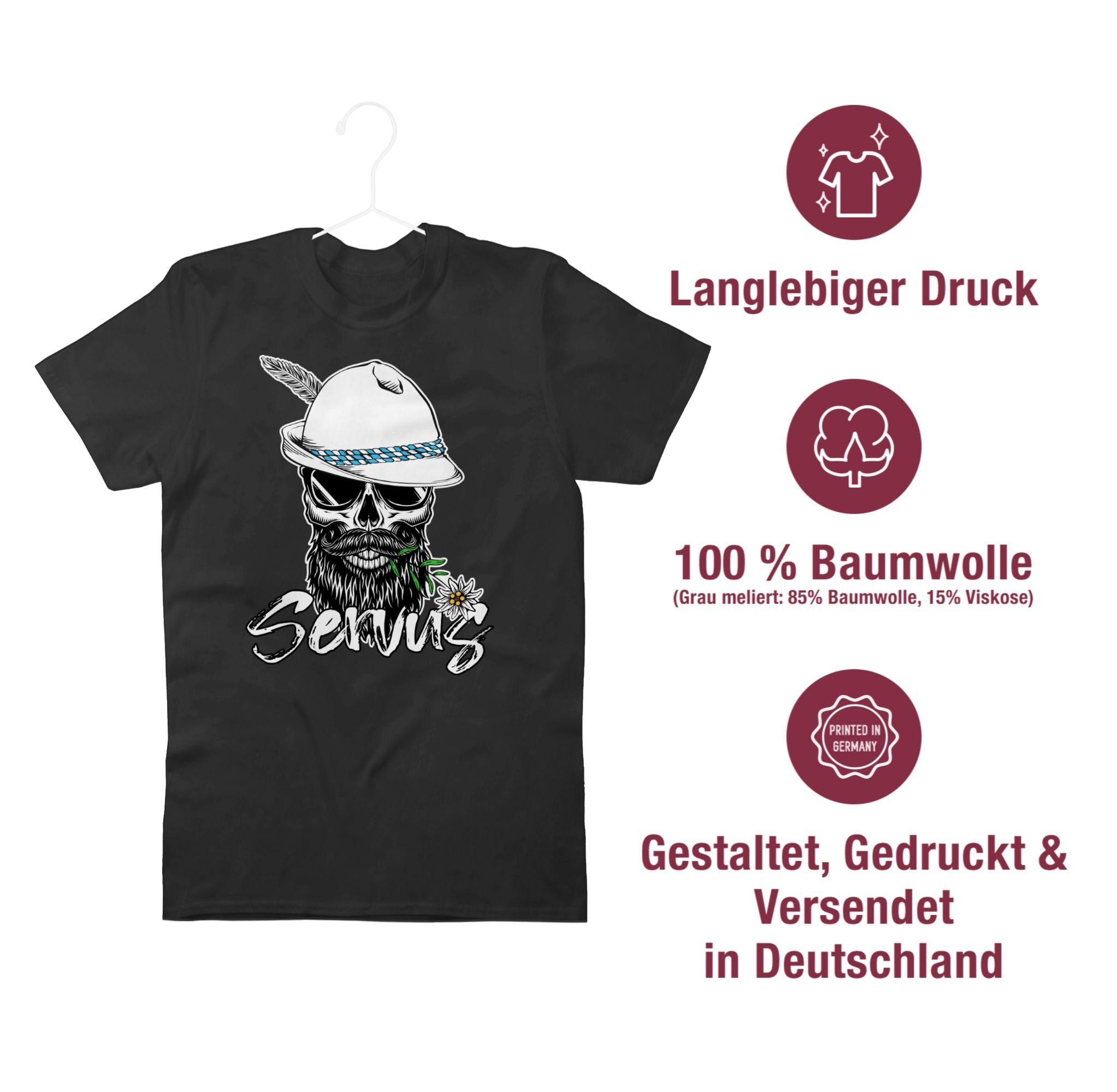 Shirtracer T-Shirt Servus Totenkopf Skull 01 Mode Schwarz Oktoberfest Bayrisch für Herren