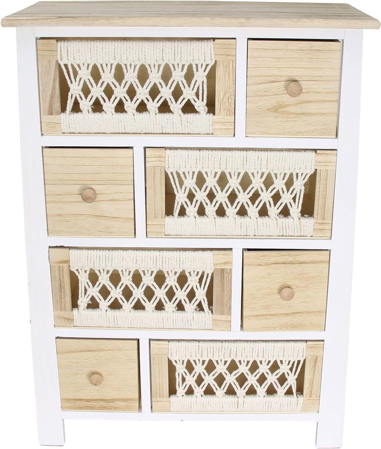 Dekoleidenschaft Schubkastenkommode Kommode "Makramee" aus Holz & Textil 56x77 cm, 8 Schubladen, Boho Chic, Schubladenkommode, kleine Holzkommode, Flurkommode, Nachtkommode