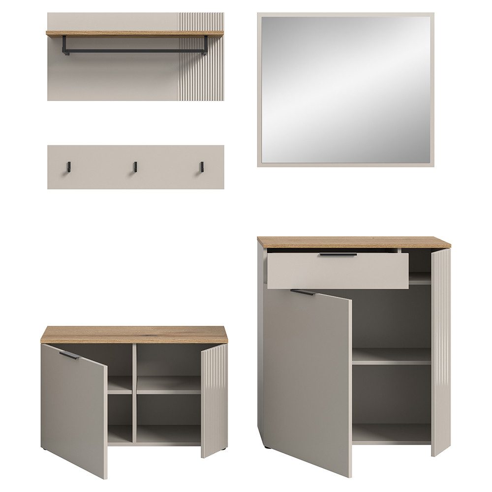 Lomadox Garderoben-Set SIMNAS-158, (Spar-Set, 5-St., Garderobenpaneel (2-teilig) Schuhbank Spiegel Kommode), in Kaschmir & Eiche, gerillte Front