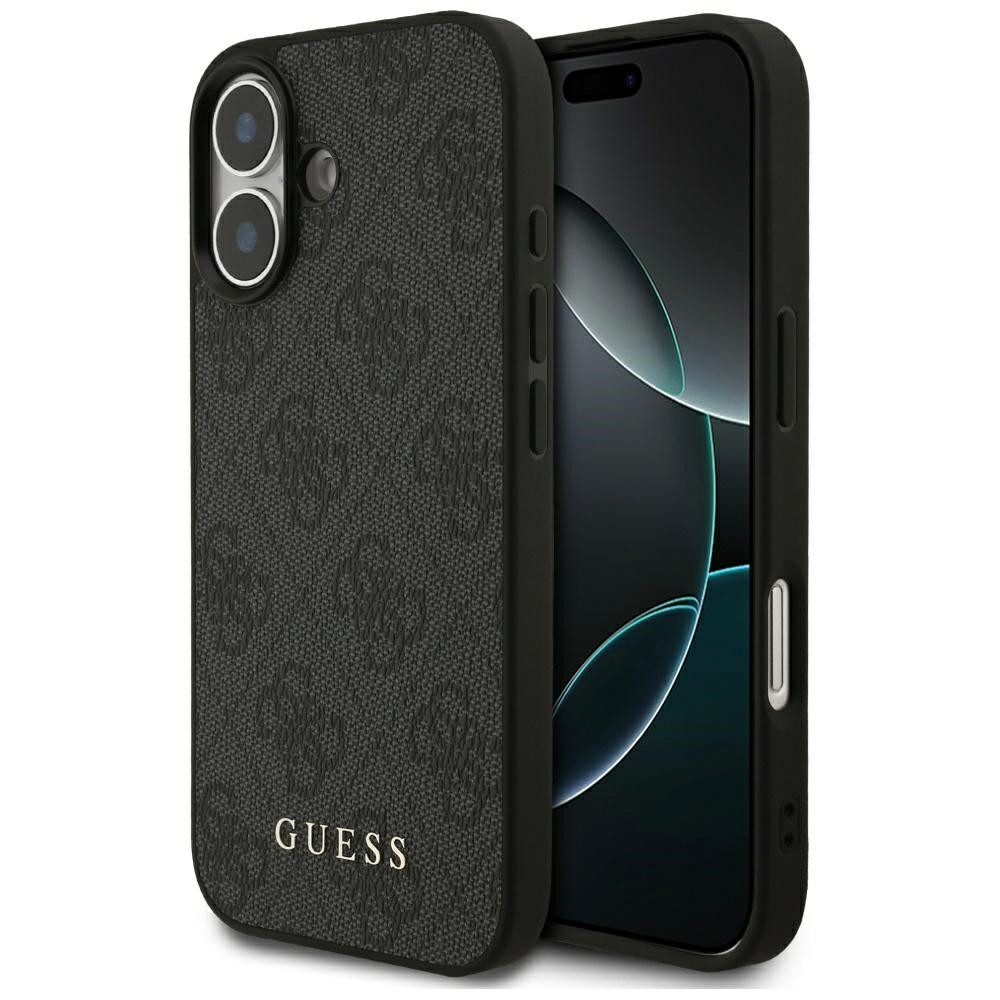 Guess Handyhülle iPhone 17 Kunstleder grau Classic Logo goldfarben Metall 6,3 Zoll, Kantenschutz