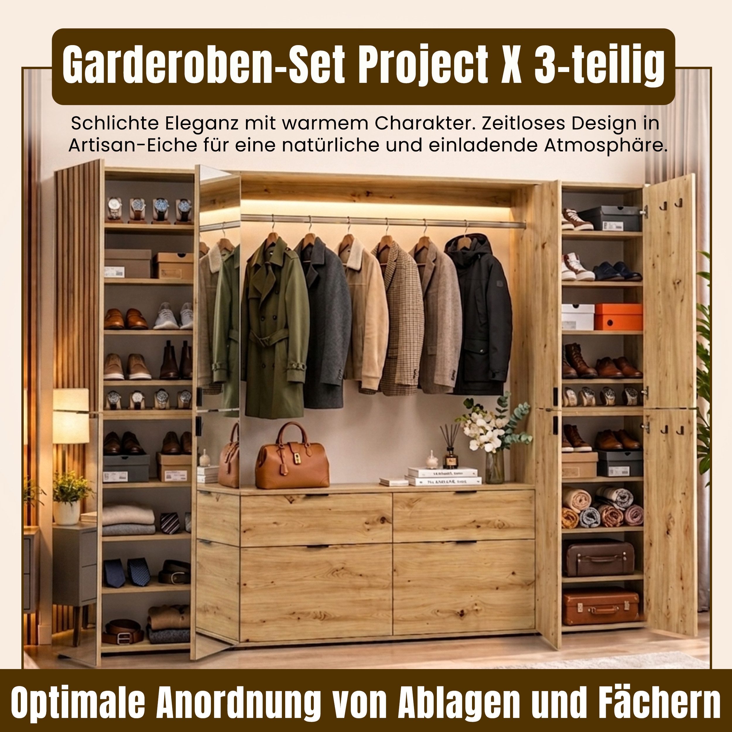 xonox.home Garderoben-Set Garderoben Set Projekt X, Artisan Eiche / Spiegeltüren, 3-teilig, (3-St), Kompaktgarderobe