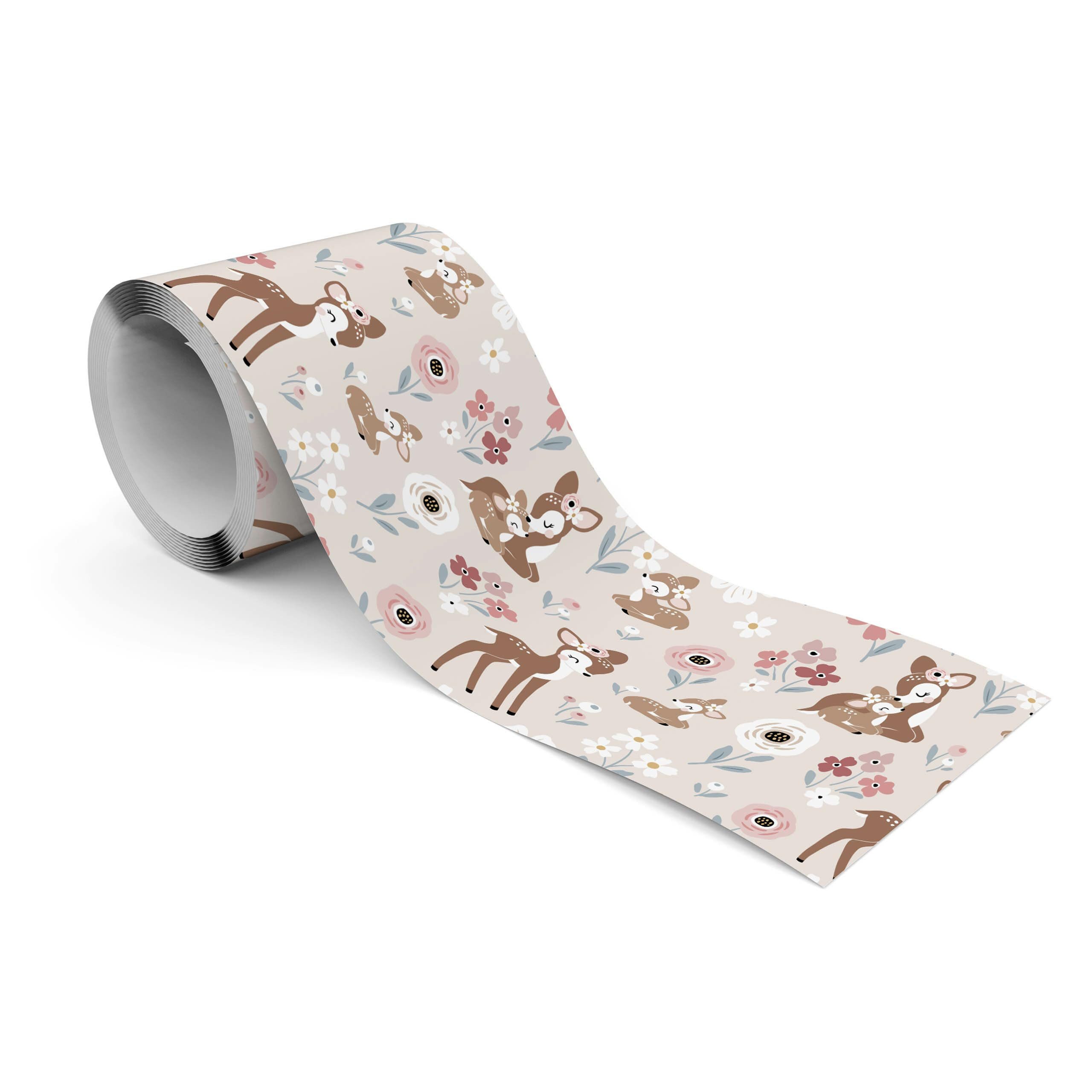 Muralo Bordüre Wandbordüre selbstklebend Kinderzimmer – Tapetenbordüre für Kinder, bedruckt, Hirschkalb und Blumen, 10 x 300 cm, abriebfest, abwischbar