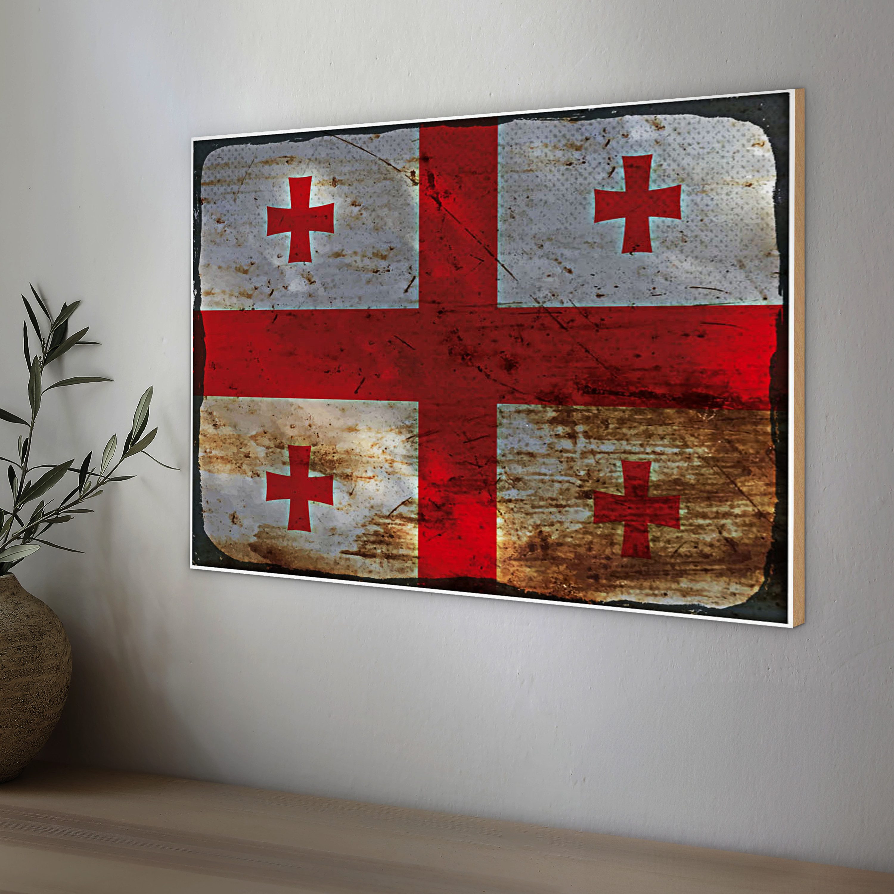 Roomando Holzbild Flagge Georgien 40x30cm Flag of Georgia Rost