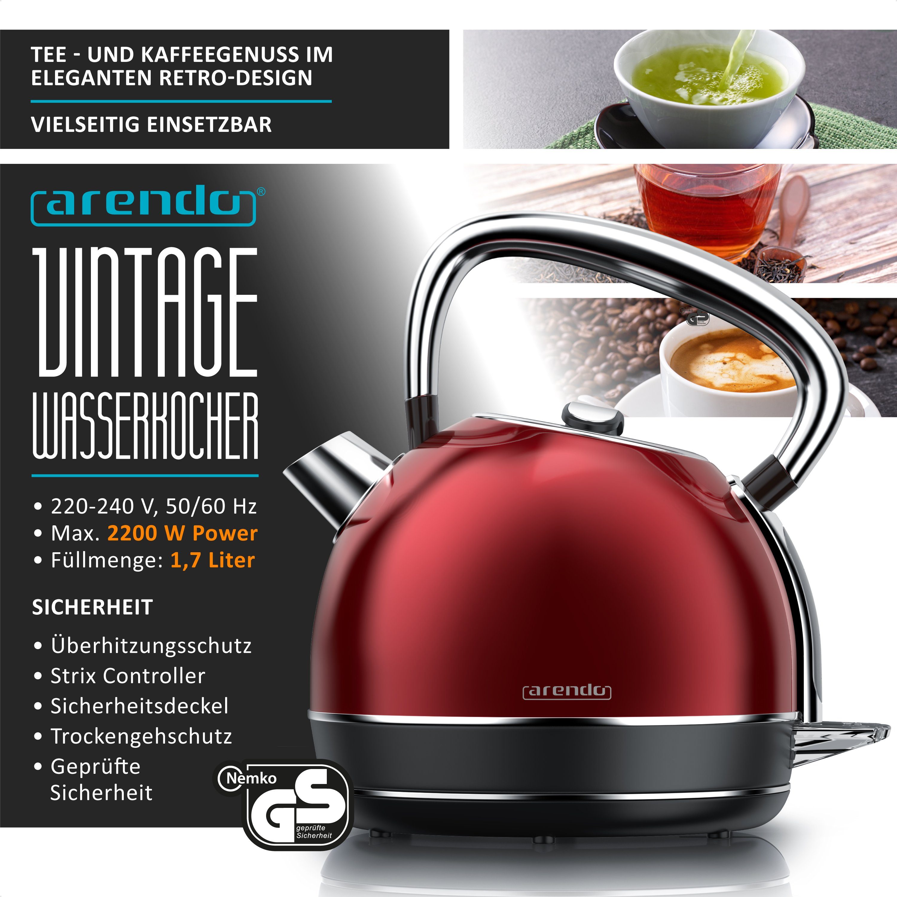 Arendo Frühstücks-Set Retro Vintage Wasserkocher 1,7 l & 2-Scheiben Langschlitz Toaster, rot (2-tlg), Frühstücksset, Wasserkocher mit Temperatureinstellung, Brö – Bild 2 von 5