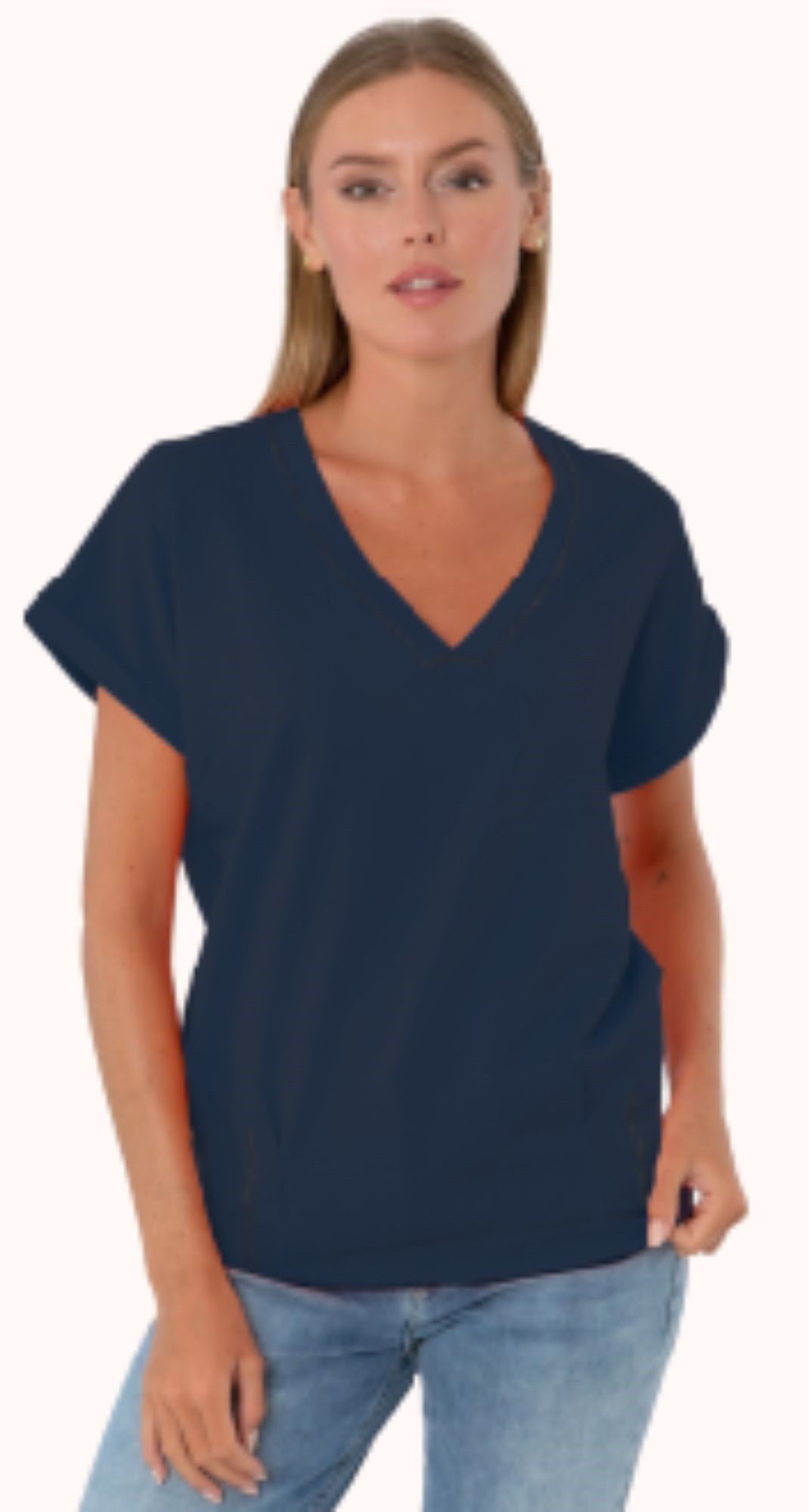 Kurzarmshirt 194-1114, mit V-Ausschnitt und Strassbesatz