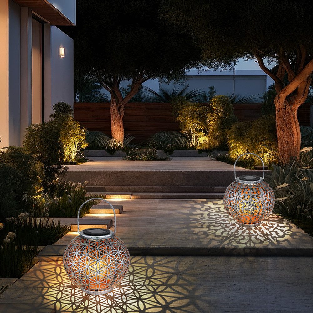Globo LED Solarleuchte, LED-Leuchtmittel fest verbaut, Warmweiß, Solarleuchte Außenlampe Gartenlaterne LED Lichteffekt silber 2er Set