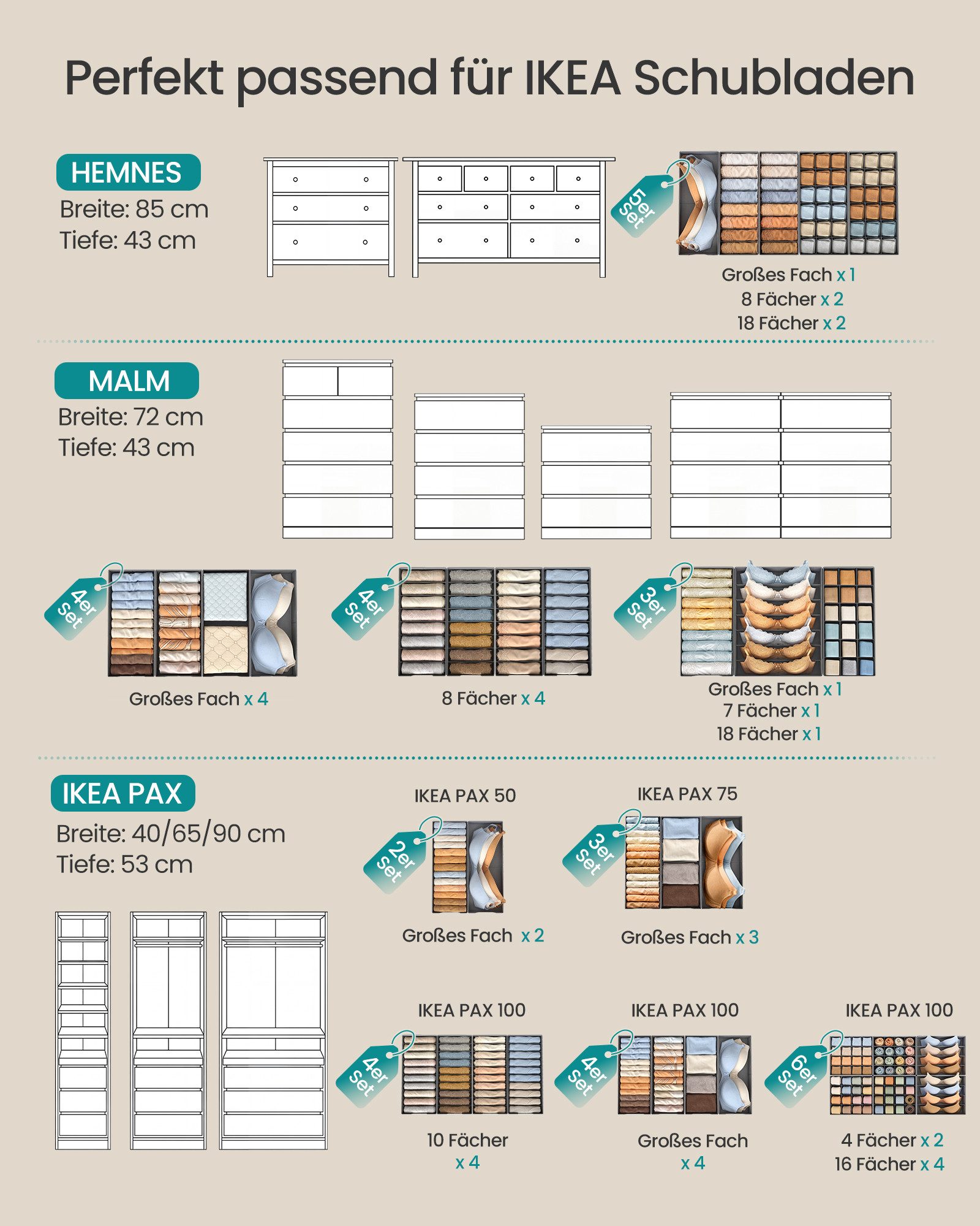 SONGMICS Aufbewahrungsbox Schubladen-Organizer, faltbar, Schrank-Organizer, Kompatibel mit IKEA HEMNES und MALM Schubladen