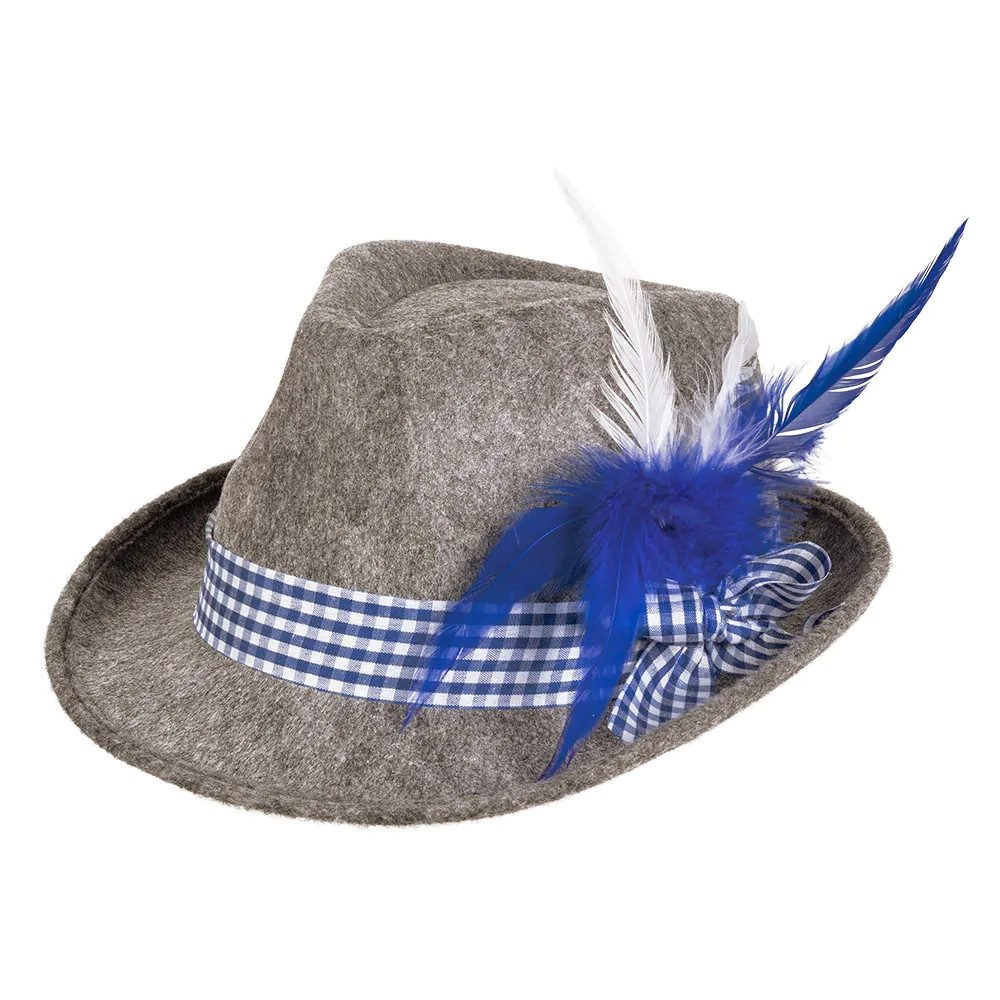 Boland Trachten-Kostüm Hut Wiesn grau Oktoberfest Filzhut mit Feder und Karo Band für Herren, Perfekt für Oktoberfest und Trachtenfeste