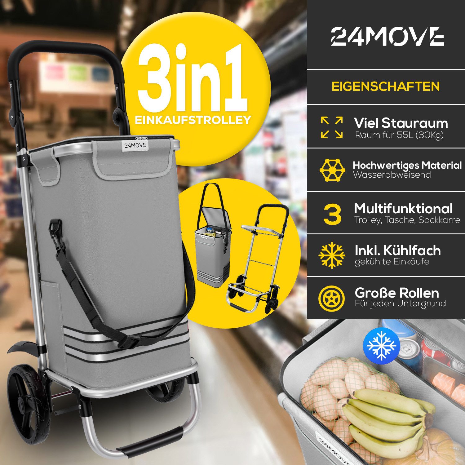 24Move Einkaufstrolley Einkaufstrolley mit 55L, 3in1 Sackkarre und Tasche, günstig online kaufen