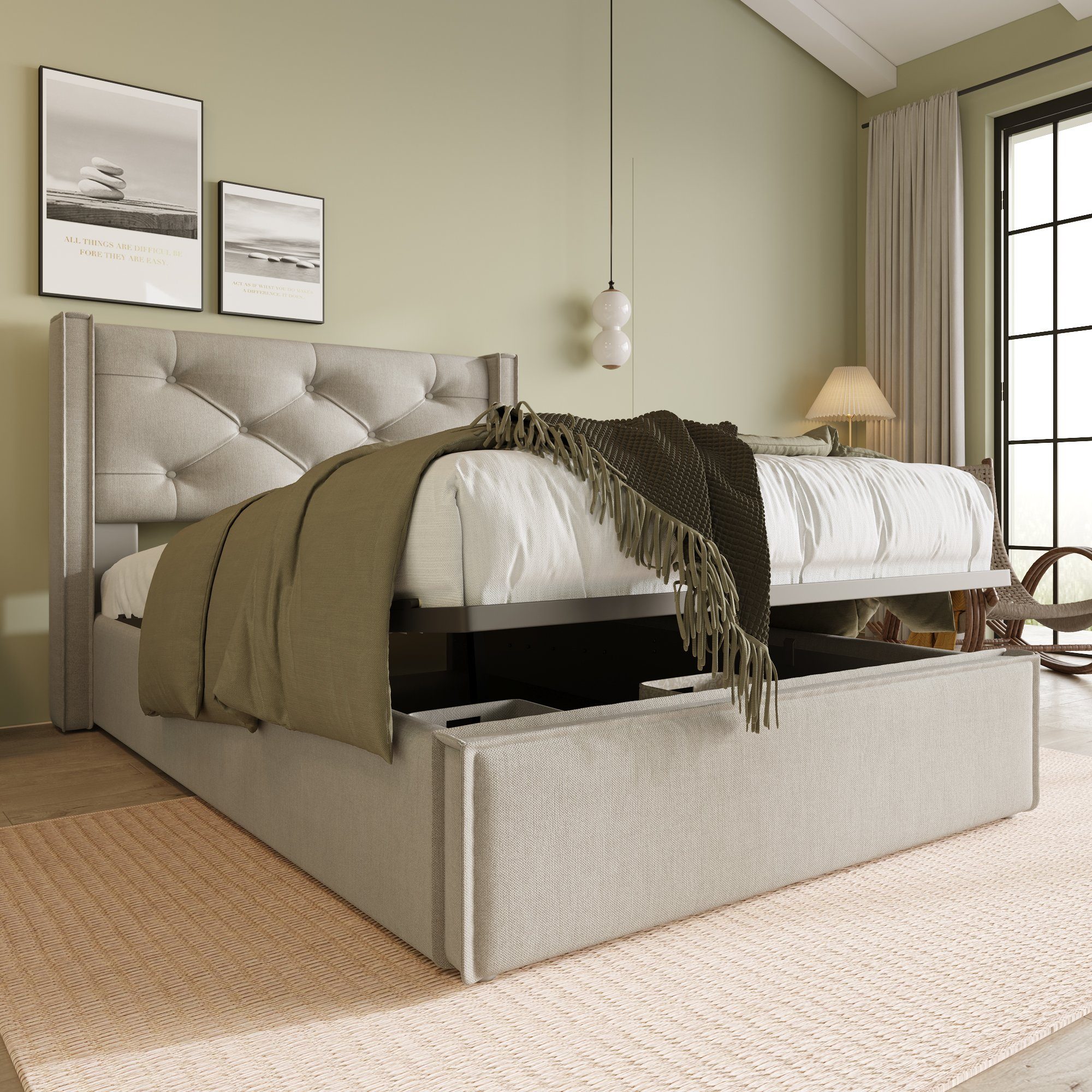 Boxspringbett (Polsterbett Einzelbett 90x200 cm mit edler Knopfheftung), Hydraulisches Funktionsbett mit Bettkasten und Lattenrost, Baumwolle