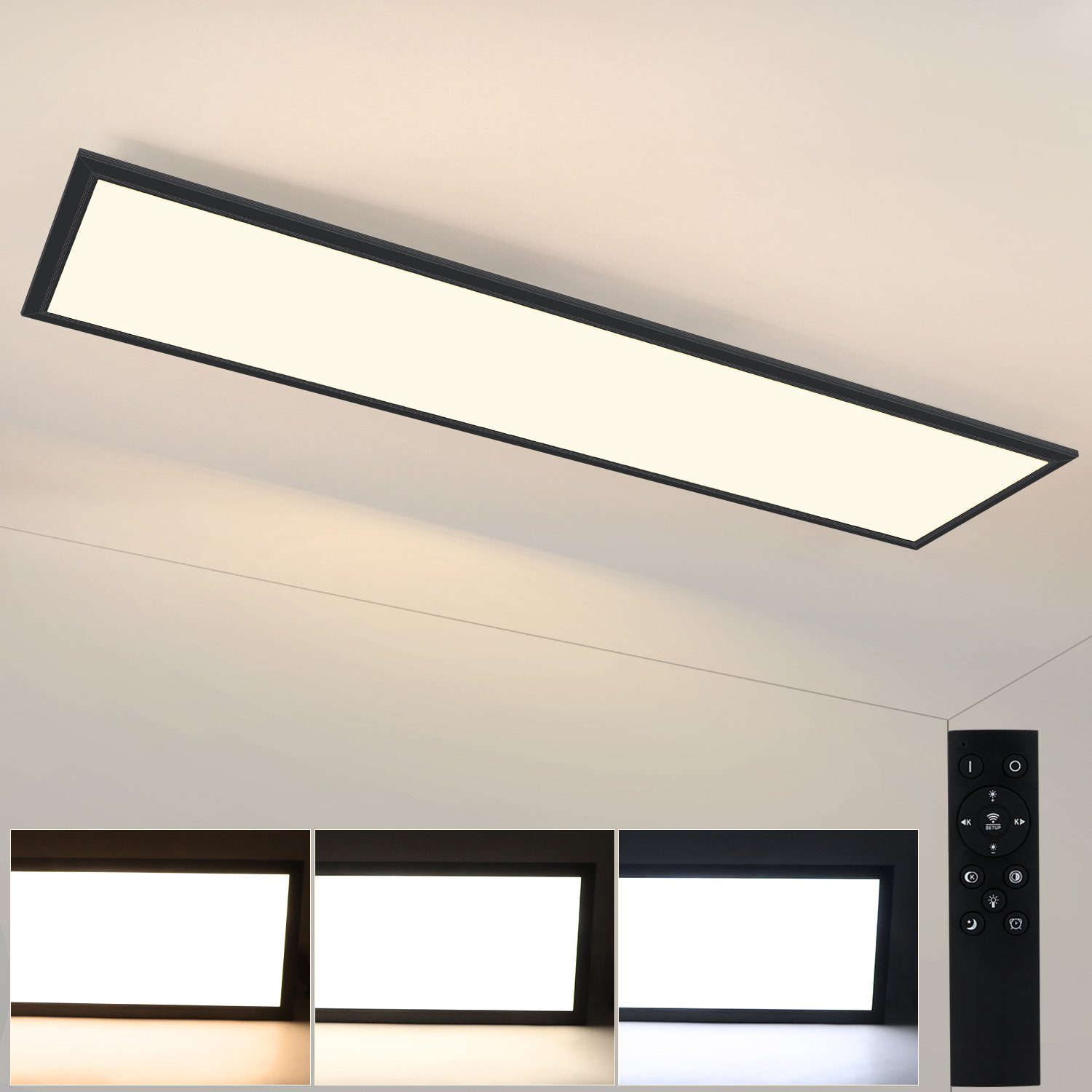 Nettlife LED Panel Flach Deckenlampe Dimmbar mit Fernbedienung 42W, 60S Timer, LED fest integriert, Warmweiß Neutralweiß Kaltweiß, für Büro Wohnzimmer Flur Treppe, ‎100 x 25 x 4.5cm Schwarz