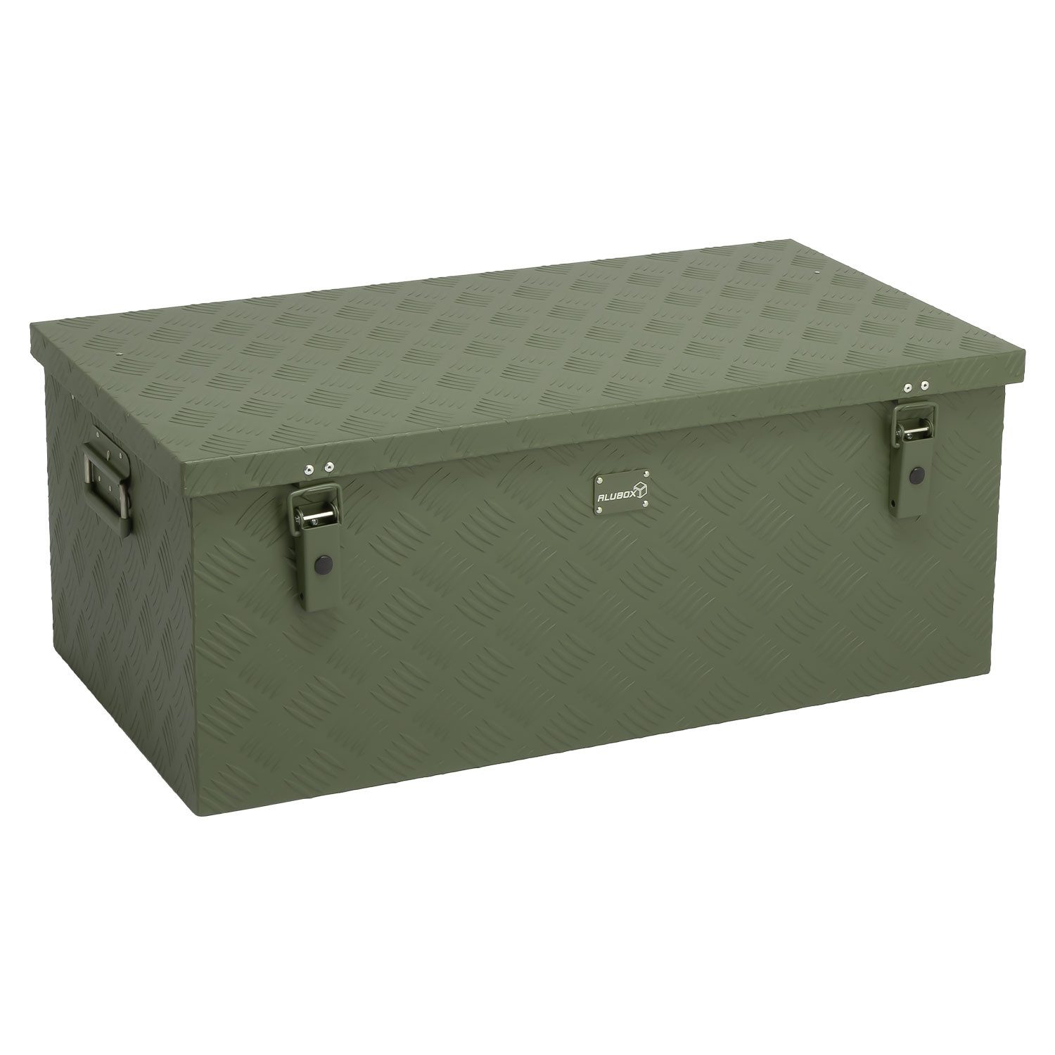 ALUBOX Aufbewahrungsbox Alukiste Transportbox Riffelblech olivgrün matt (140 Liter), Dichtung und Fangbänder im Deckel - nur 1,5 mm Wandstärke