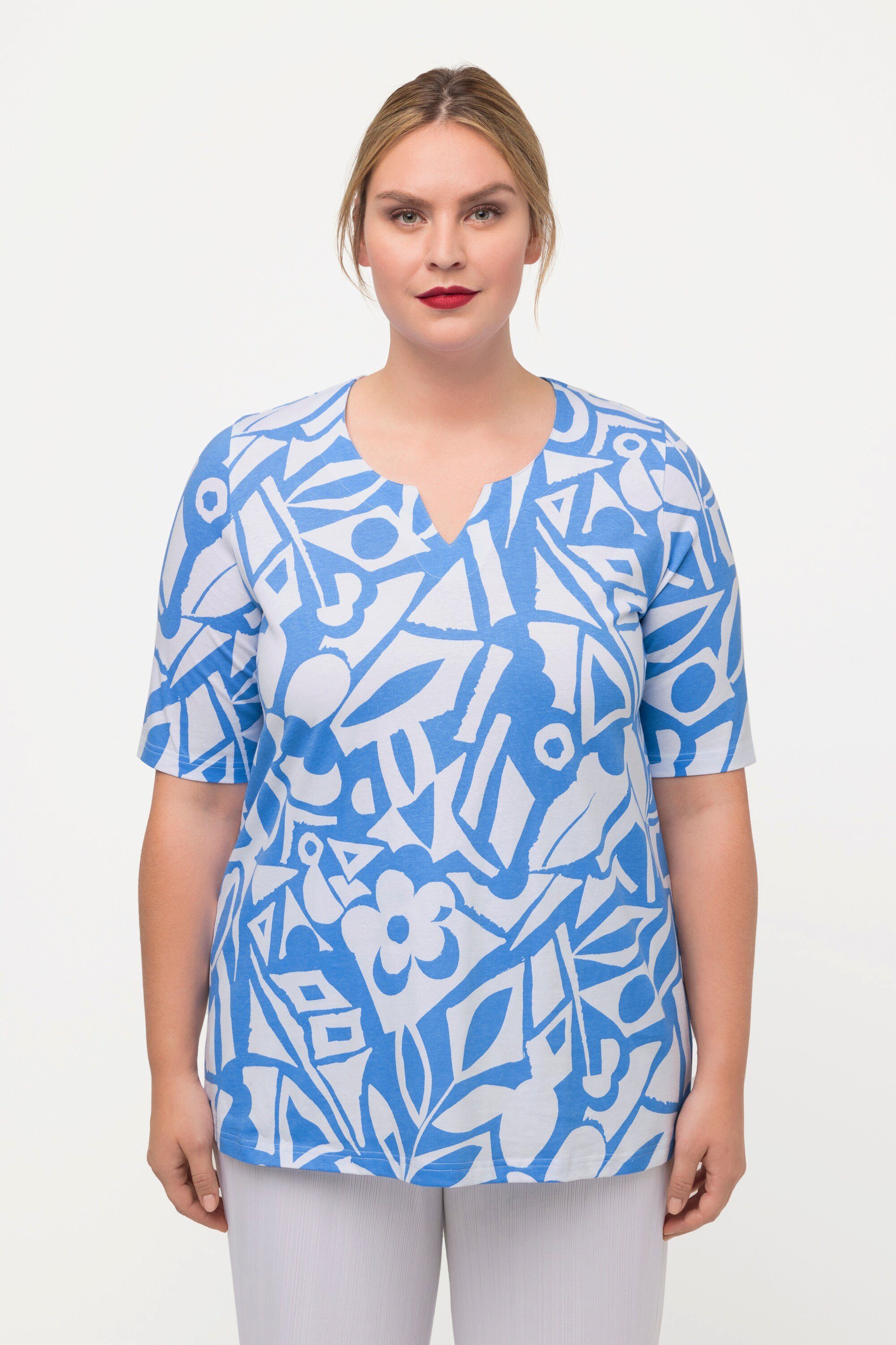 Ulla Popken Rundhalsshirt T-Shirt A-Linie Tunika-Ausschnitt Halbarm stahlblau