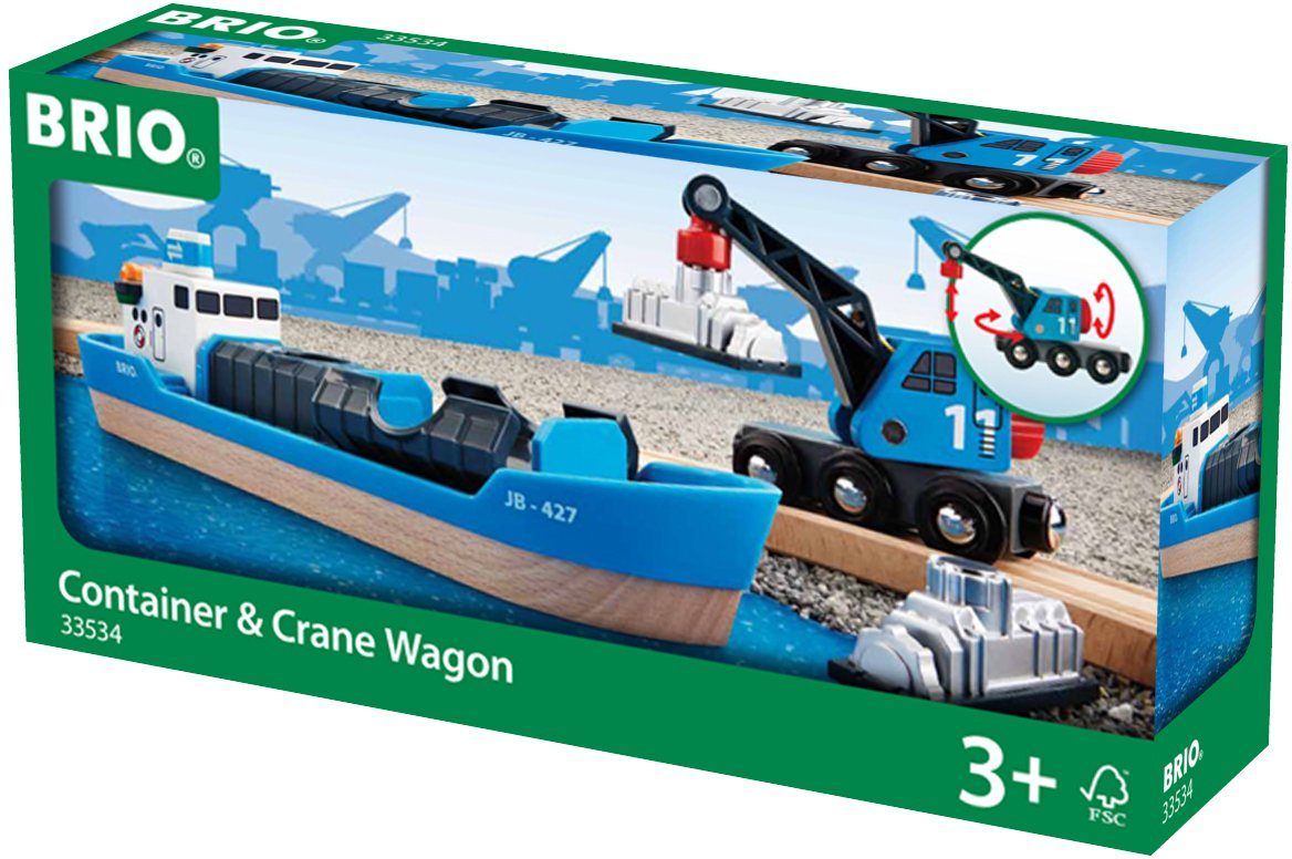 BRIO® Spielzeugeisenbahn-Erweiterung BRIO® WORLD, Containerschiff mit Kranwagen
