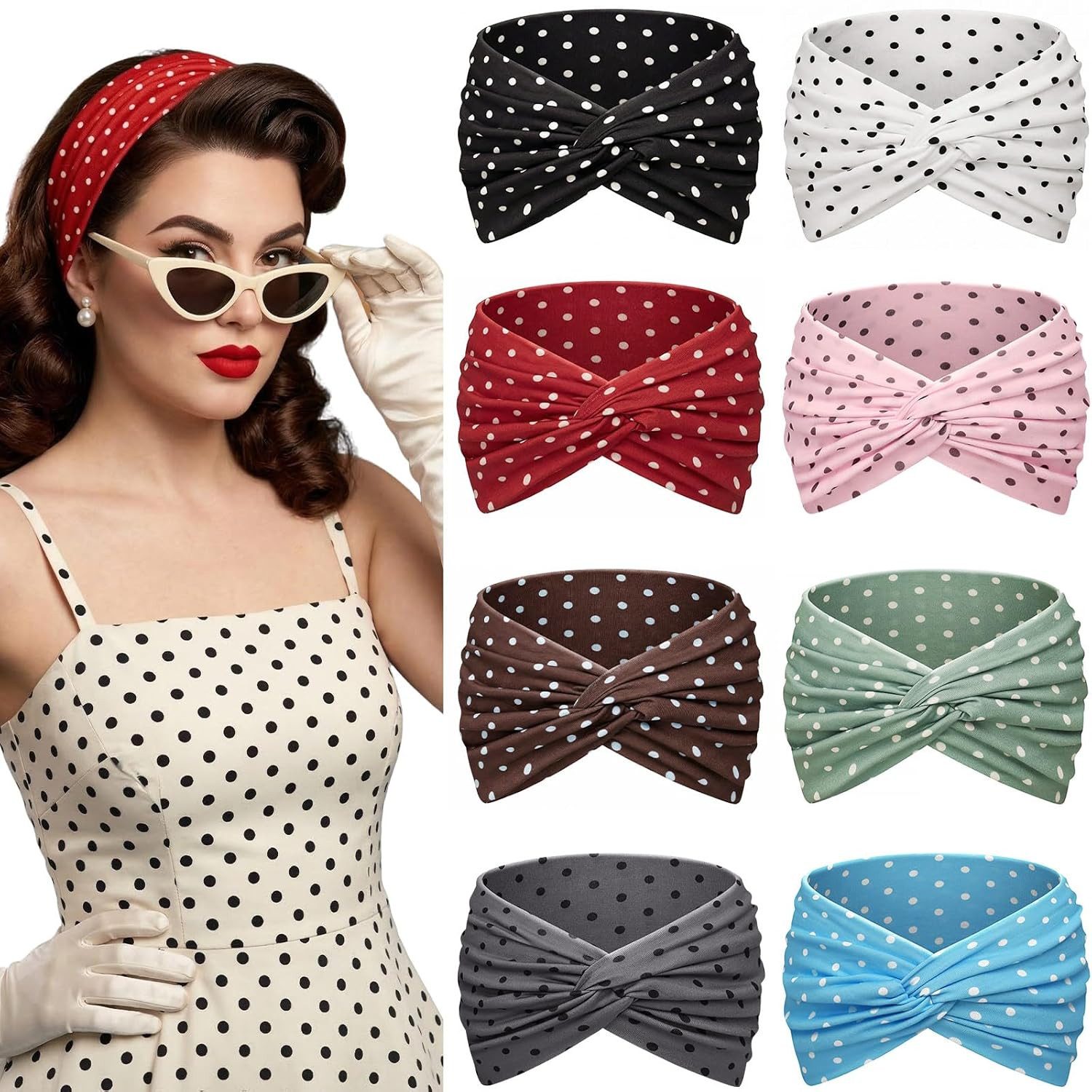 Zaewry Stirnband 8 Stück Boho Gepunktetes Headband, Elastisch Weich Kopftuch (Haarband Damen, Stirnband Extra Breit Gekreuzt, 8-St) für Sport Yoga Kosmetik Workout Laufen Fitness Gym Haarschmuck