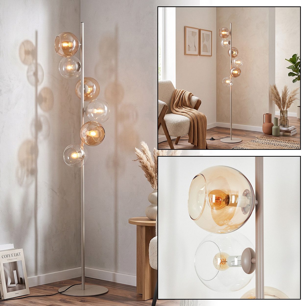 hofstein Stehlampe Stehlampe aus Metall/Glas in Sandfarben/Weiß/Klar/Bernsteinfarben, moderne Stehleuchte im Retro/Vintage-Design, Fußschalter, 6 x E14