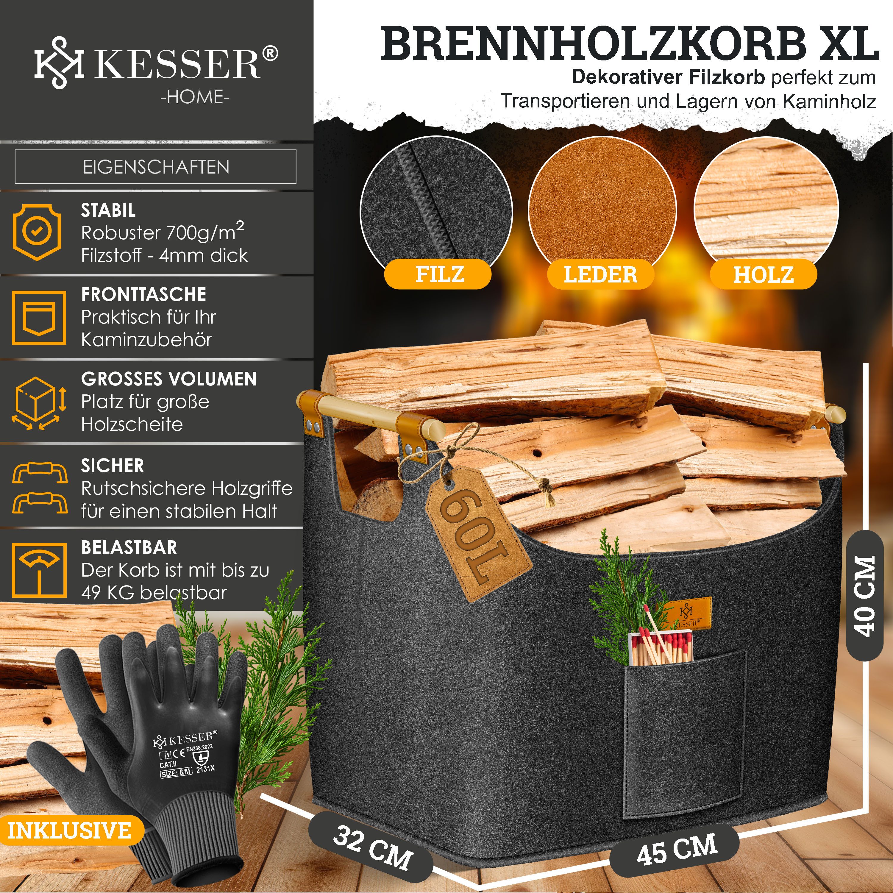 KESSER Kaminholzkorb XL – 60/90 L Volumen, rutschfeste Holzgriffe, Vielseitig nutzbar als Kaminkorb, Einkaufs-, oder Wäschekorb, 700 g/m²