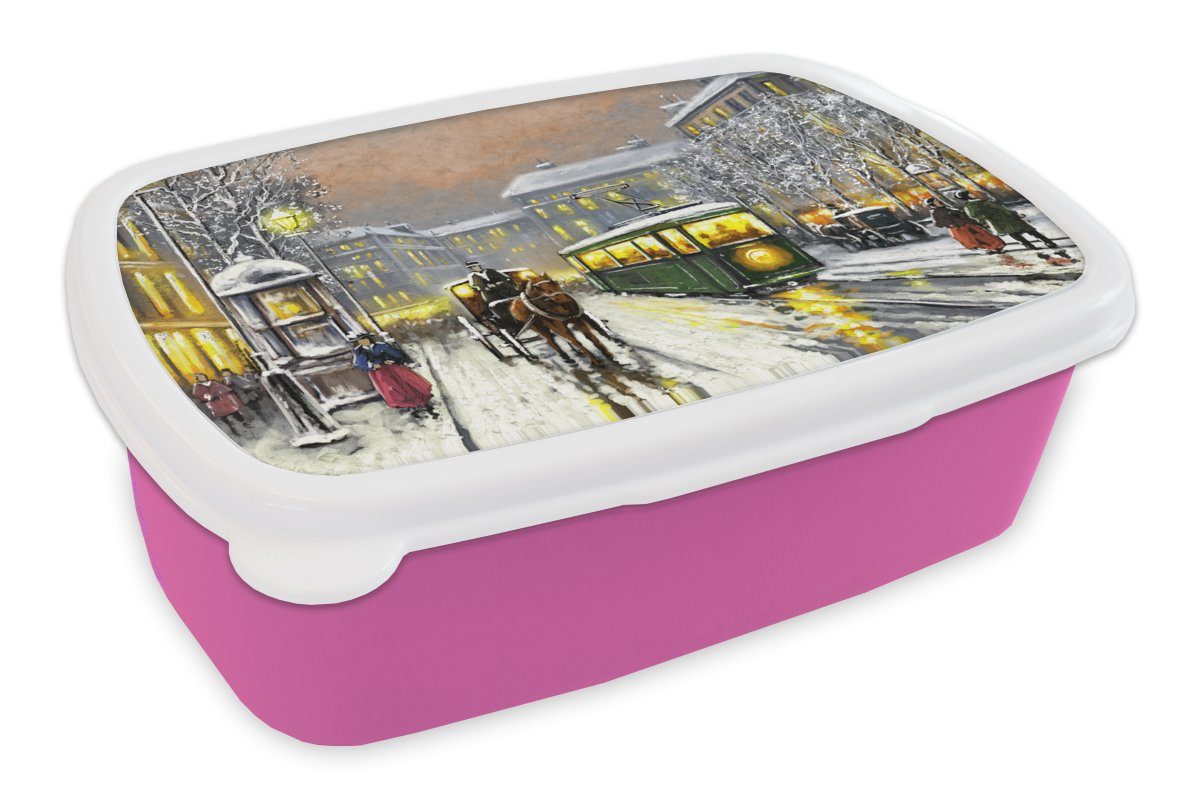 MuchoWow Lunchbox Gemälde - Ölgemälde - Winter - Straßenbahn - Pferd, Kunststoff, (2-tlg), Brotbox für Erwachsene, Brotdose Kinder, Snackbox, Mädchen, Kunststoff rosa