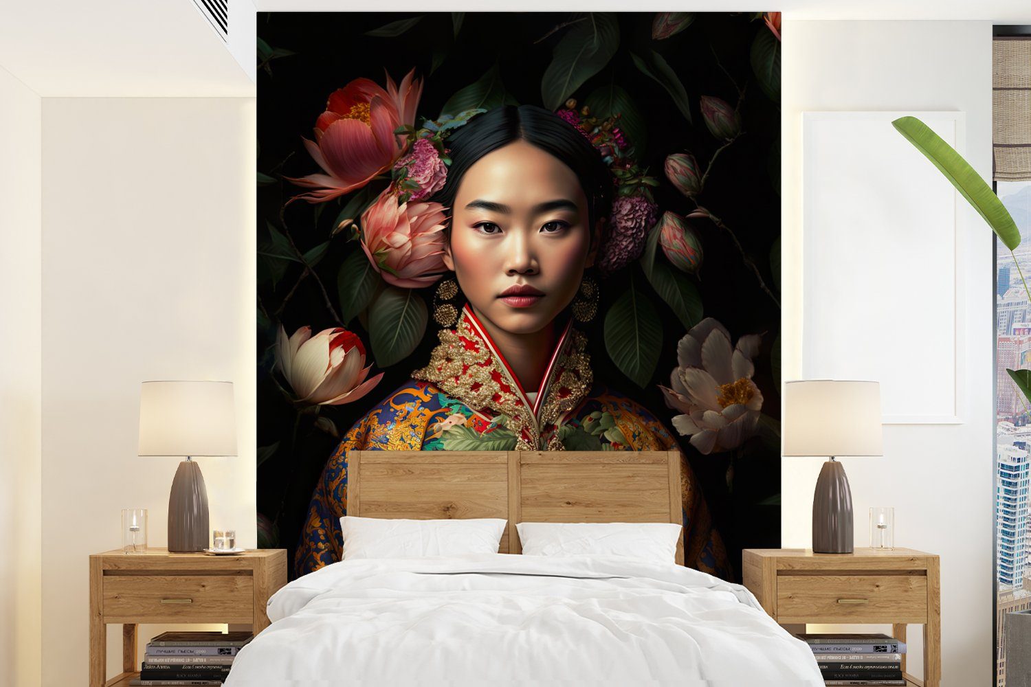 Porträt, (4 für Blumen Montagefertig Asiatisch - Matt, St), Frau Kimono bedruckt, Wohnzimmer, MuchoWow Fototapete Wandtapete Vinyl - - - Tapete