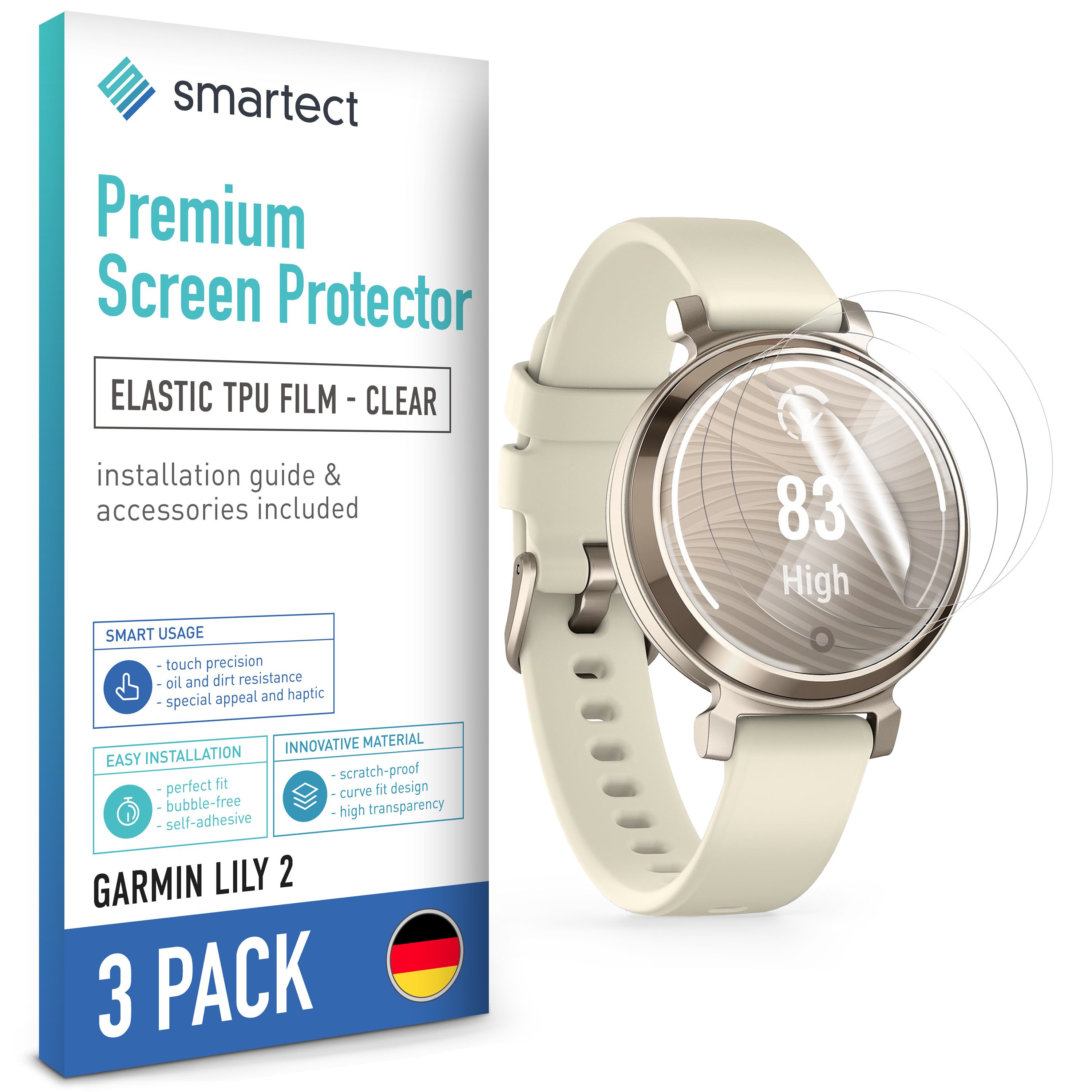 smartect Displayschutzfolie TPU Schutzfolie Klar für Garmin Lily 2, Set, 3 Stück, Panzerfolie Bildschirm Displayfolie