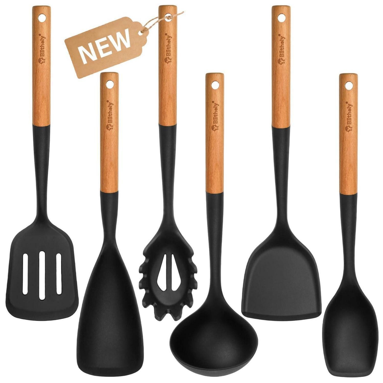 LuxusKollektion Küchenwender Küchenutensilien-Set Silikon 6-tlg. Schwarz Holzgriff