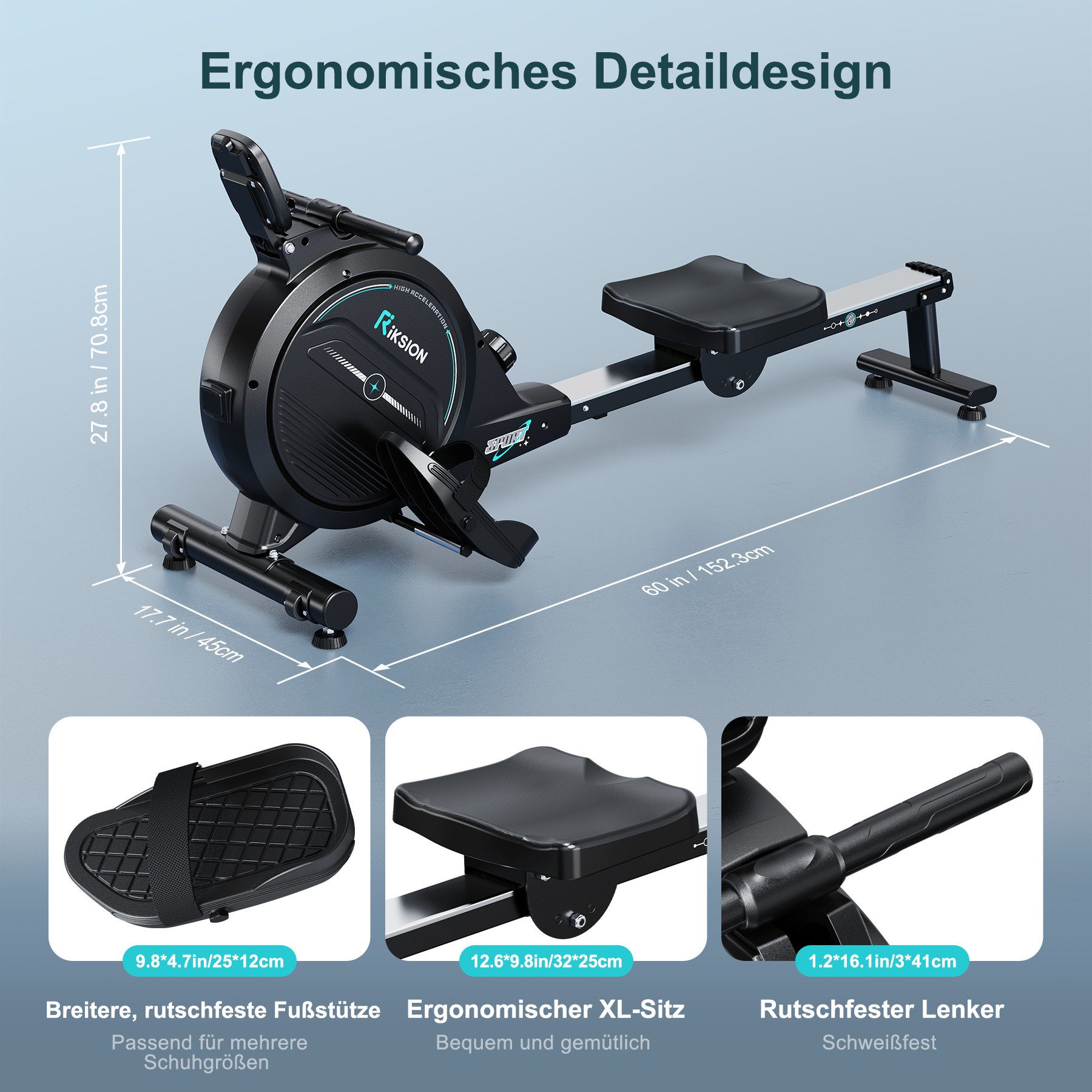 Riksion Rudergerät für Zuhause mit mit App, Rudergerät 16 Stufen Magnetwiderstand (1-tlg), Indoor-Gerät für das Home-Gym, 160 kg Kapazität mit LCD-Monitor