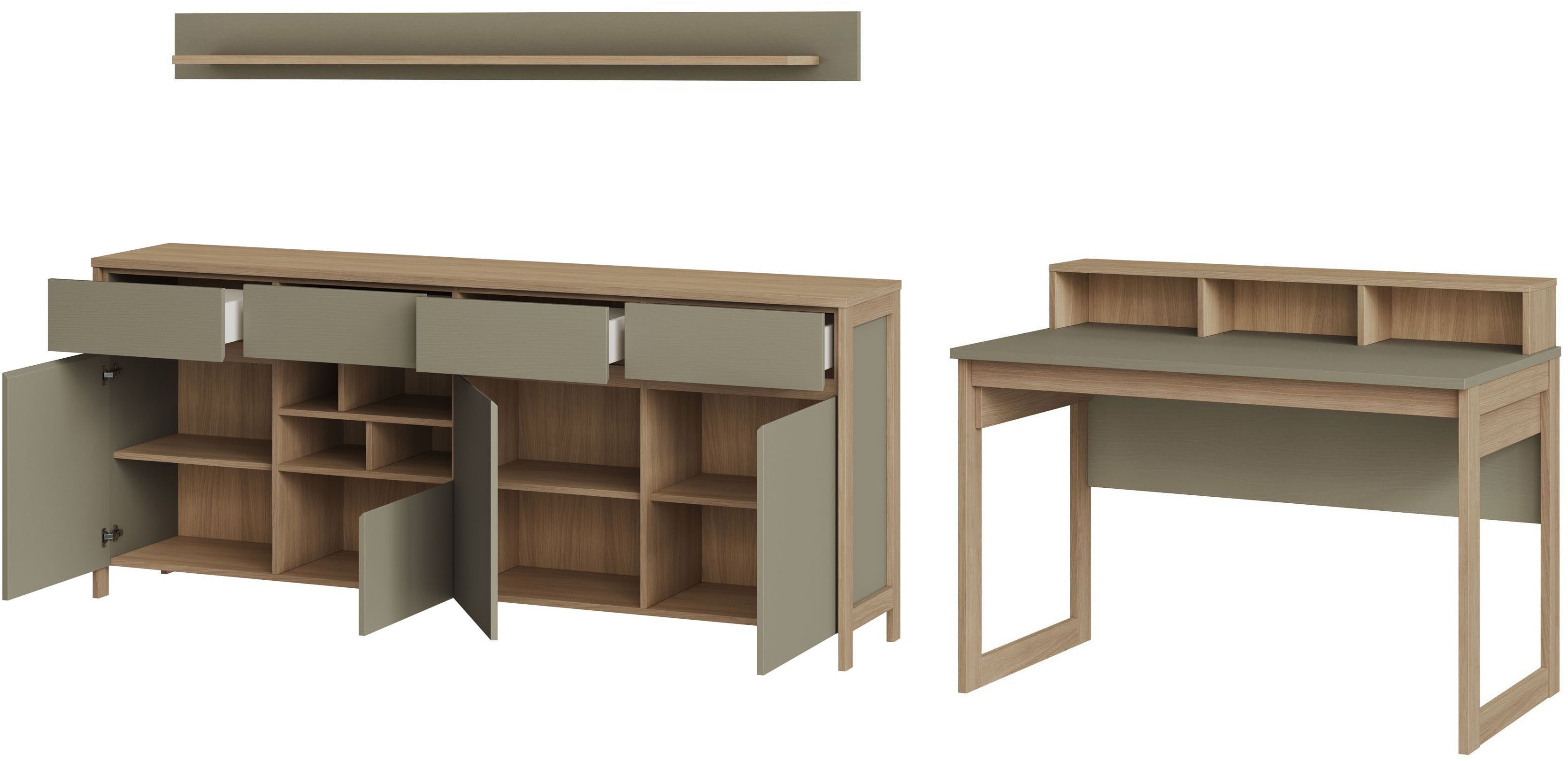 Home affaire Büromöbel-Set Stranda im Scandi-Style, Home Office, Büro in zwei Farben verfügbar, (3-tlg), enthält Schreibtisch, Sideboard und Wandboard