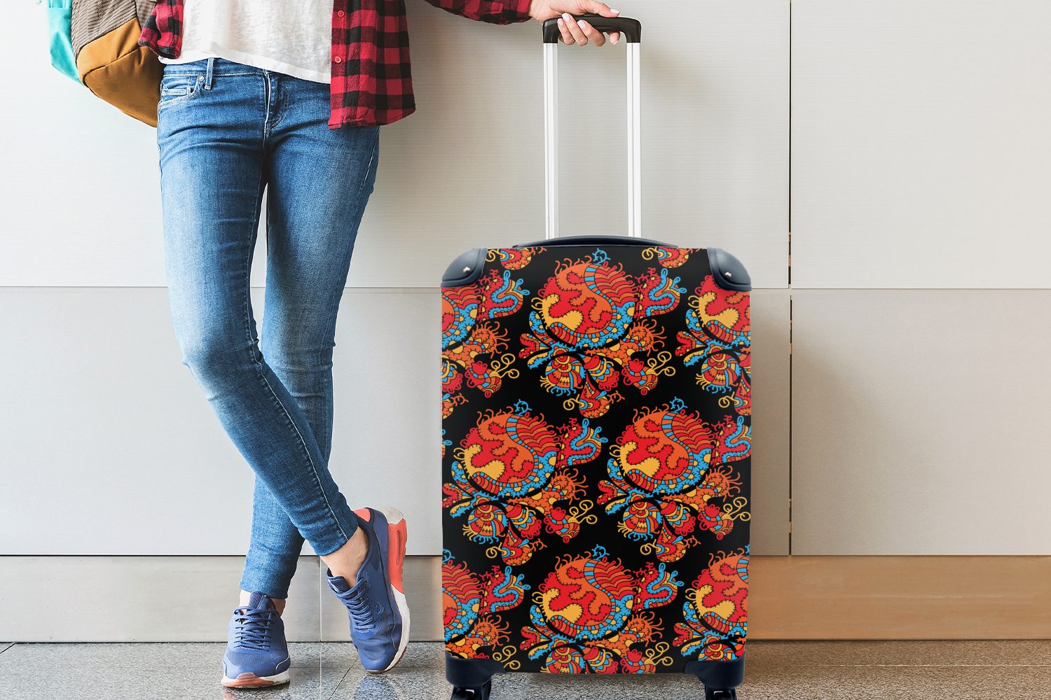 Rollen, MuchoWow Muster Trolley, - rollen, Ferien, Handgepäckkoffer Reisekoffer Drache Handgepäck neu, für Reisetasche mit und - 4 alt