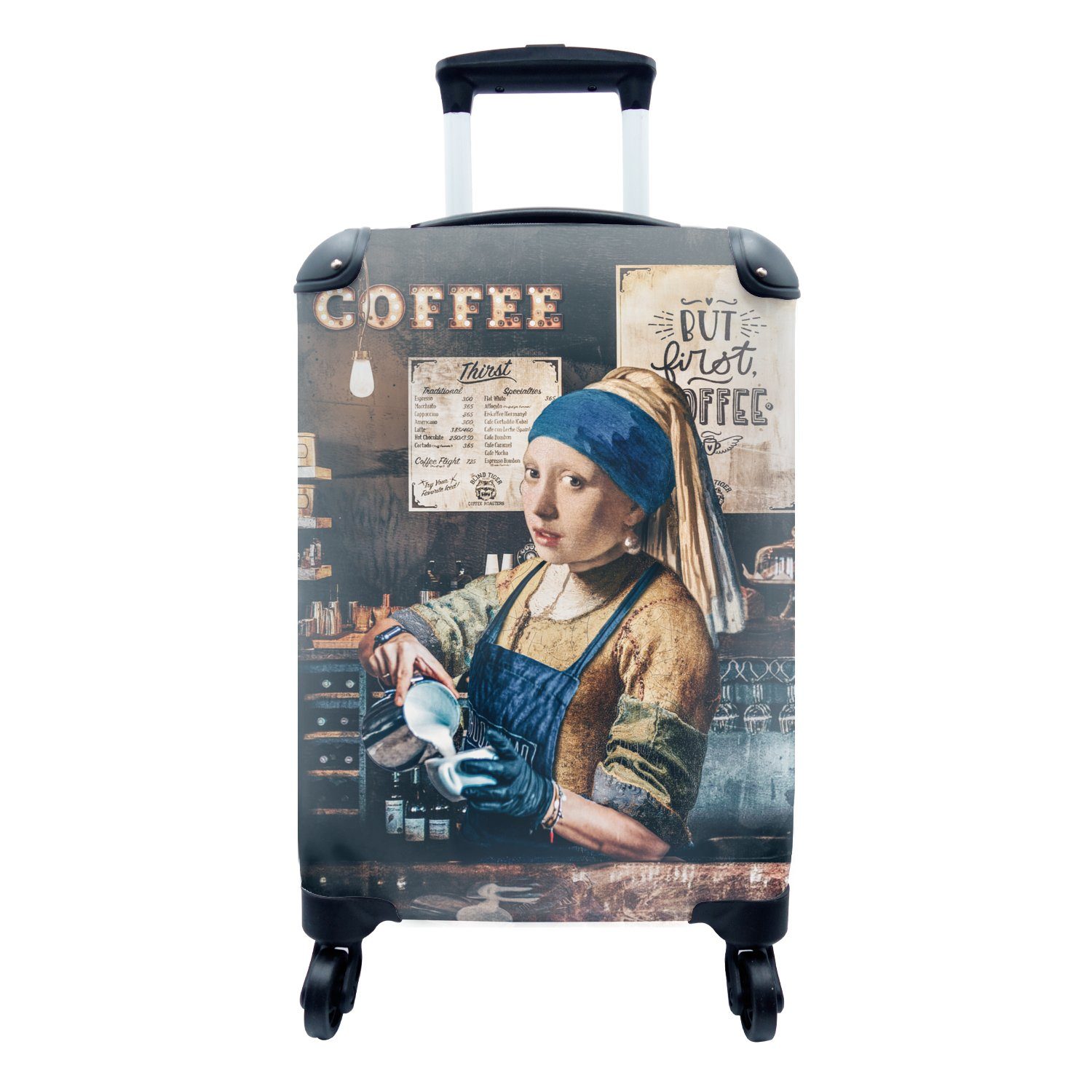 MuchoWow Handgepäckkoffer Cappuccino machen - Mädchen mit Perlenohrring - Kaffee - Barista -, 4 Rollen, Reisetasche mit rollen, Handgepäck für Ferien, Trolley, Reisekoffer