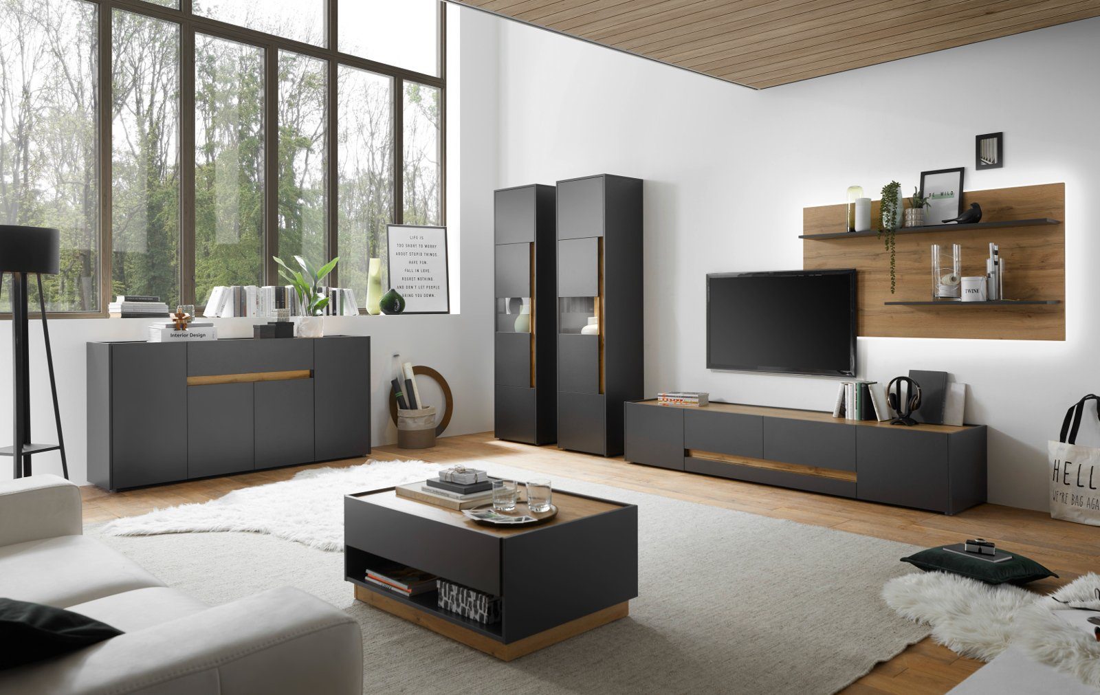 Furn.Design Lowboard Center (großer TV Unterschrank in Grau und Eiche, Breite 223 cm), mit viel Stauraum – Bild 4 von 5