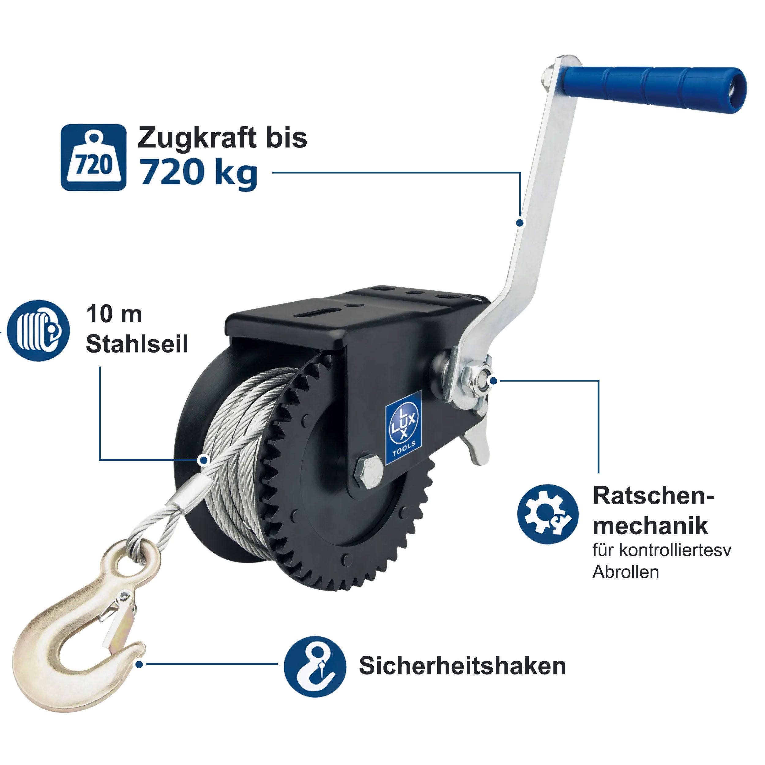 LUX-TOOLS Seilwinde LUX Handseilwinde SW-720 (720 kg) Handwinde, mit 10 m Stahlseil & Sicherheitshaken, Ratschenmechanik, manuell